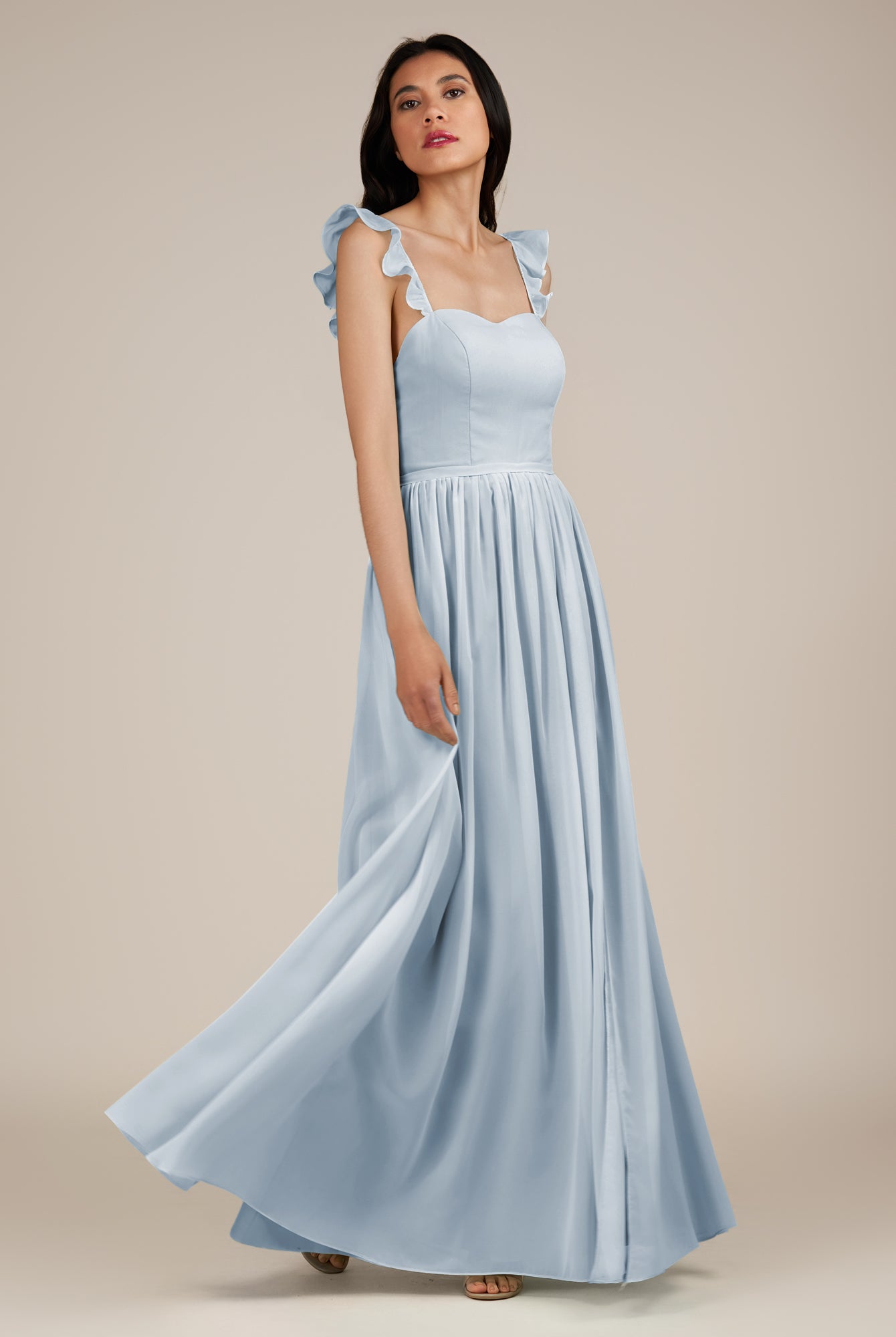 KissDress-Onyx Ice A Line Sweetheart Chiffon Ruffled Long Bridesmaid Dress with Slit