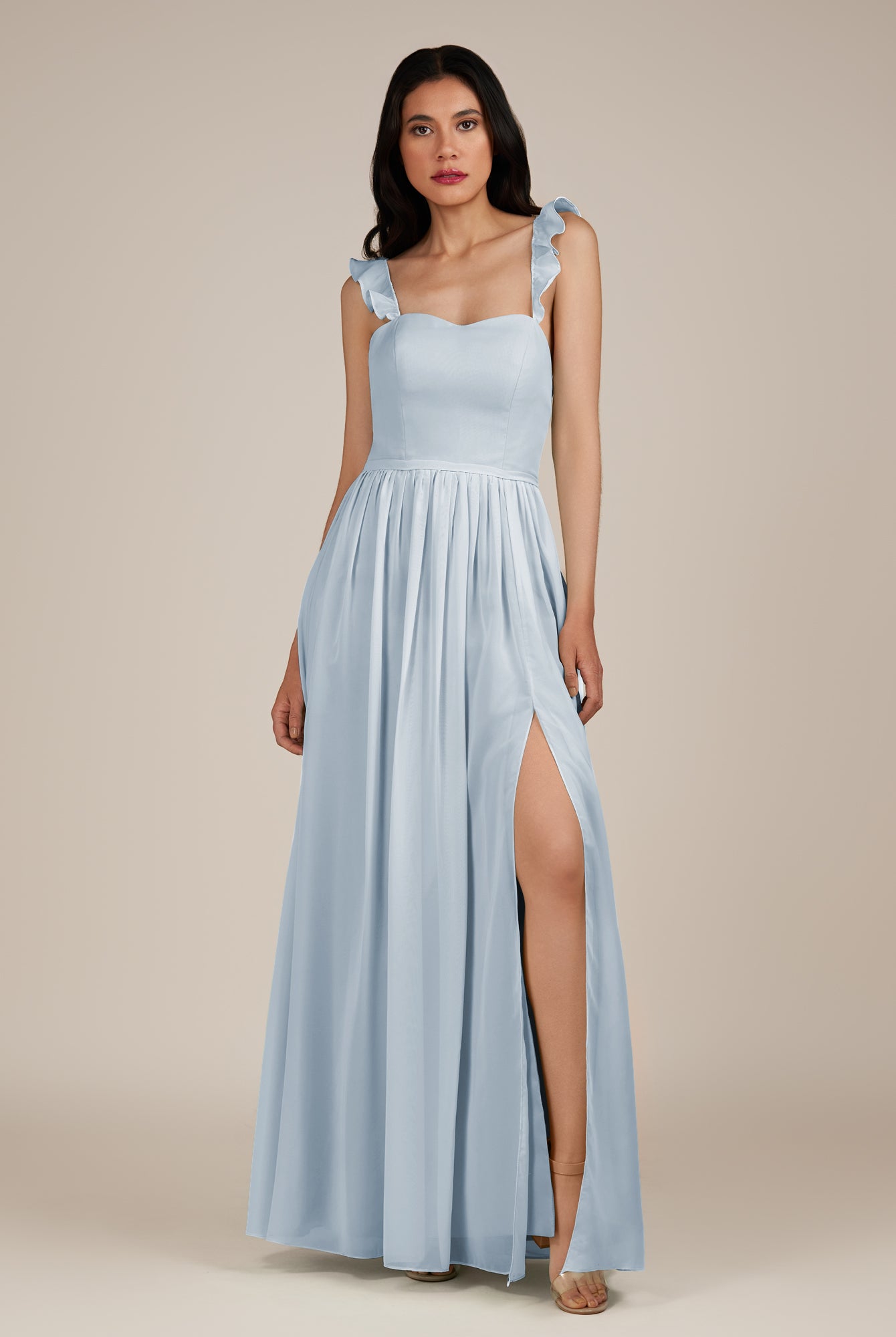 KissDress-Onyx Ice A Line Sweetheart Chiffon Ruffled Long Bridesmaid Dress with Slit