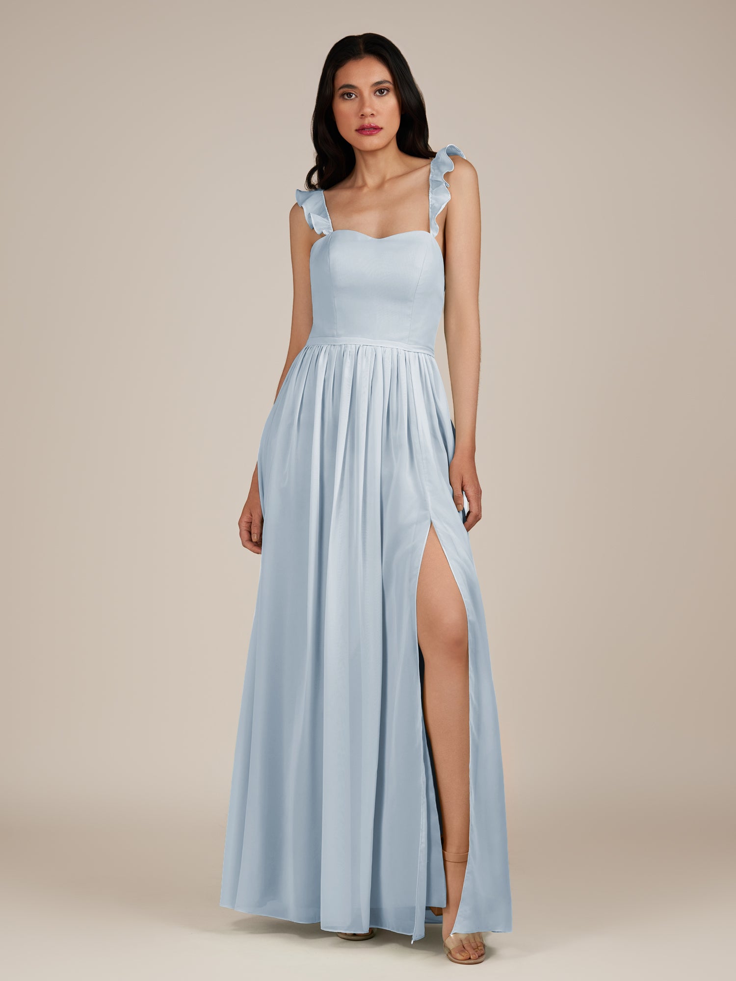 KissDress-Onyx Ice A Line Sweetheart Chiffon Ruffled Long Bridesmaid Dress with Slit