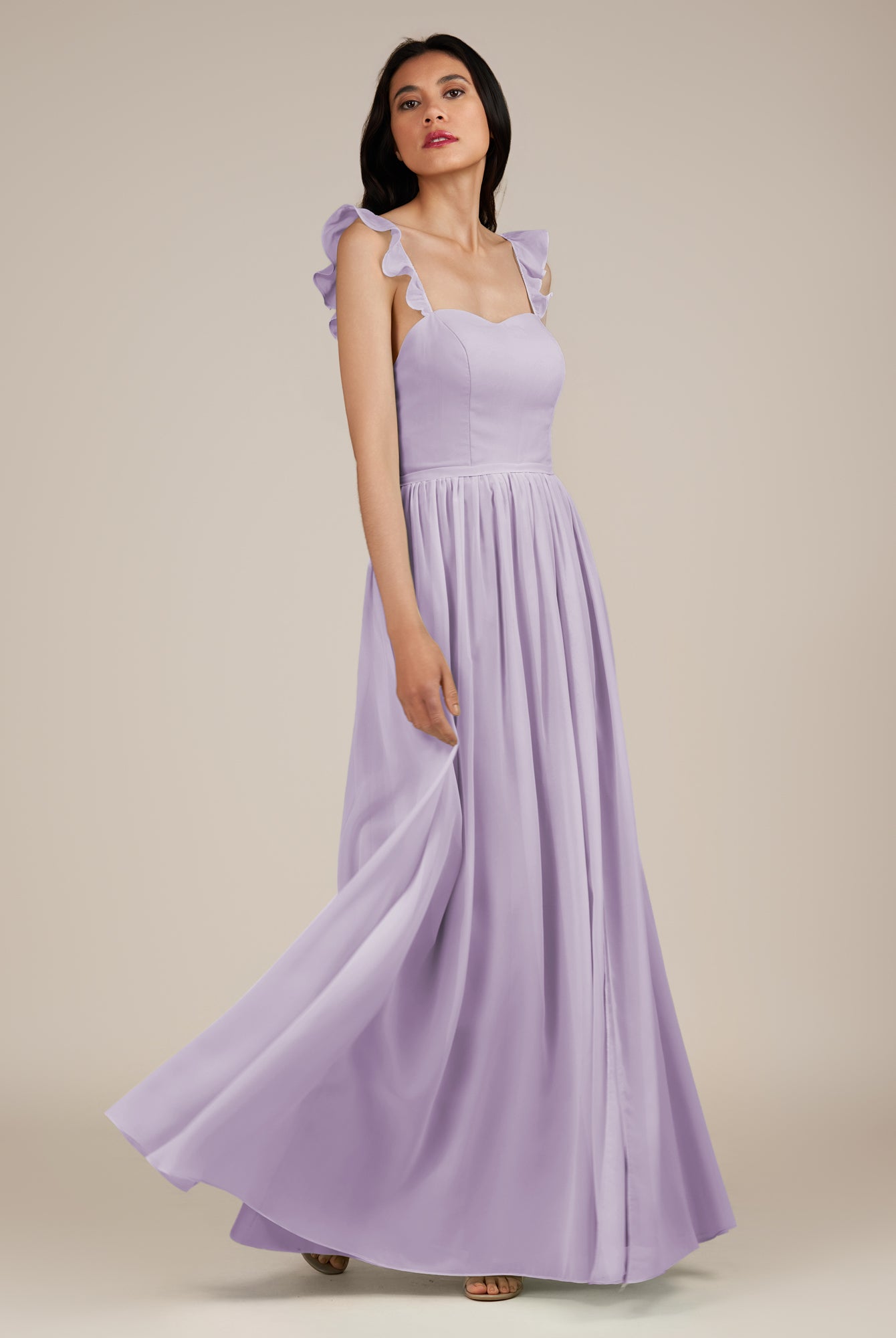 KissDress-Onyx Lavender A Line Sweetheart Chiffon Ruffled Long Bridesmaid Dress with Slit