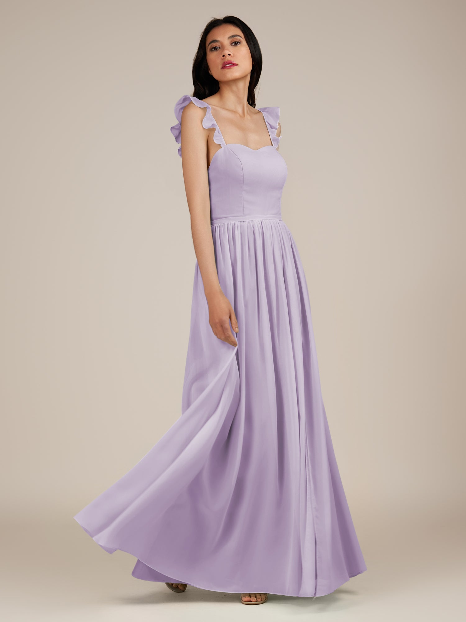 KissDress-Onyx Lavender A Line Sweetheart Chiffon Ruffled Long Bridesmaid Dress with Slit
