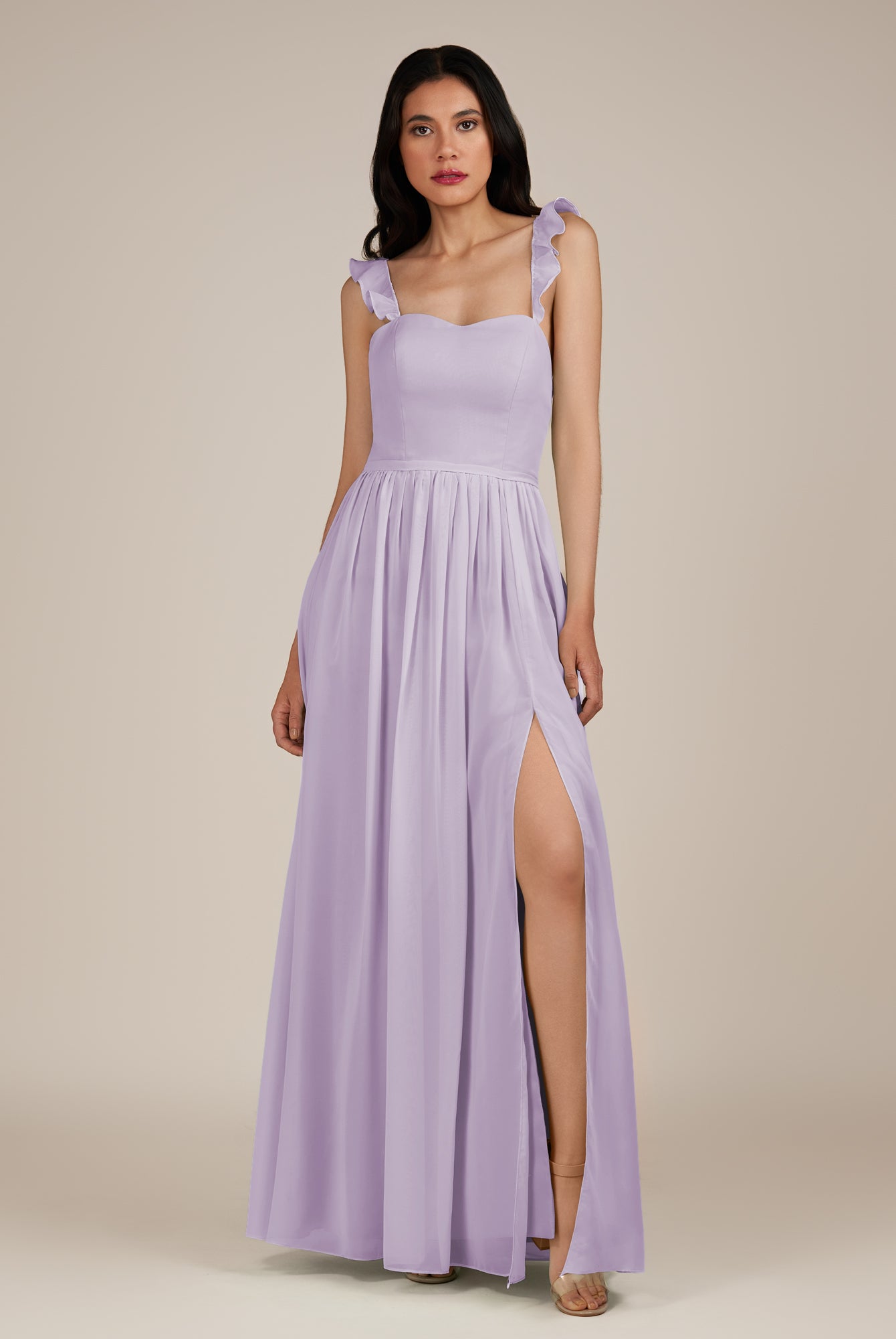 KissDress-Onyx Lavender A Line Sweetheart Chiffon Ruffled Long Bridesmaid Dress with Slit