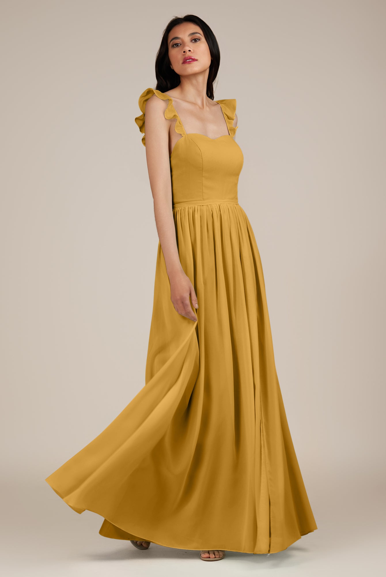 KissDress-Onyx Marigold A Line Sweetheart Chiffon Ruffled Long Bridesmaid Dress with Slit