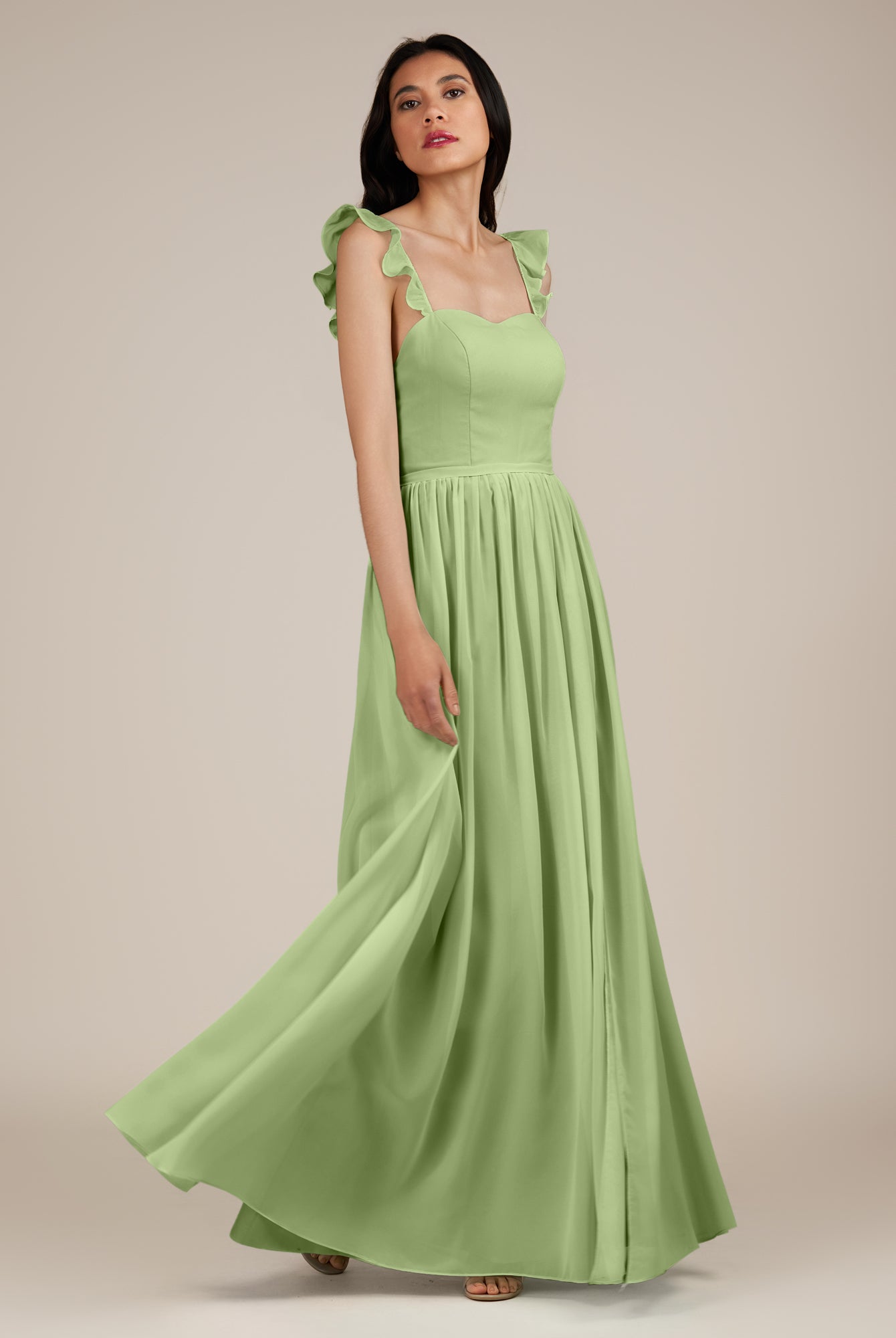 KissDress-Onyx Matcha A Line Sweetheart Chiffon Ruffled Long Bridesmaid Dress with Slit