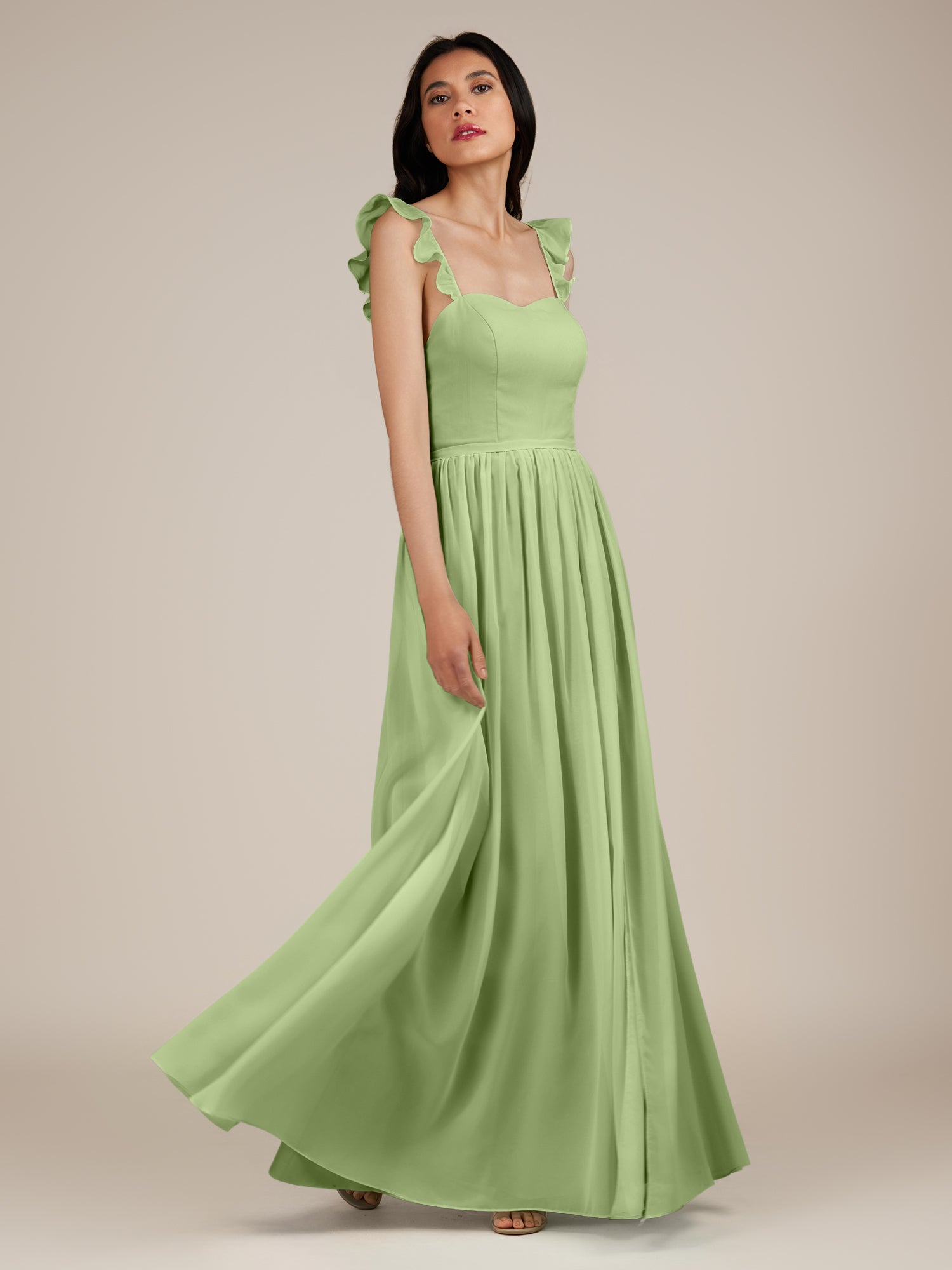 KissDress-Onyx Matcha A Line Sweetheart Chiffon Ruffled Long Bridesmaid Dress with Slit