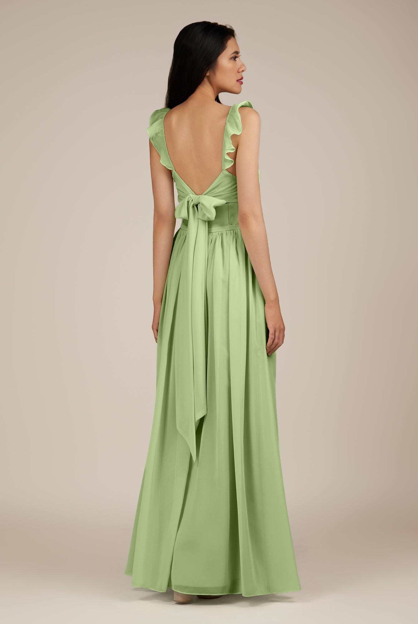 KissDress-Onyx Matcha A Line Sweetheart Chiffon Ruffled Long Bridesmaid Dress with Slit
