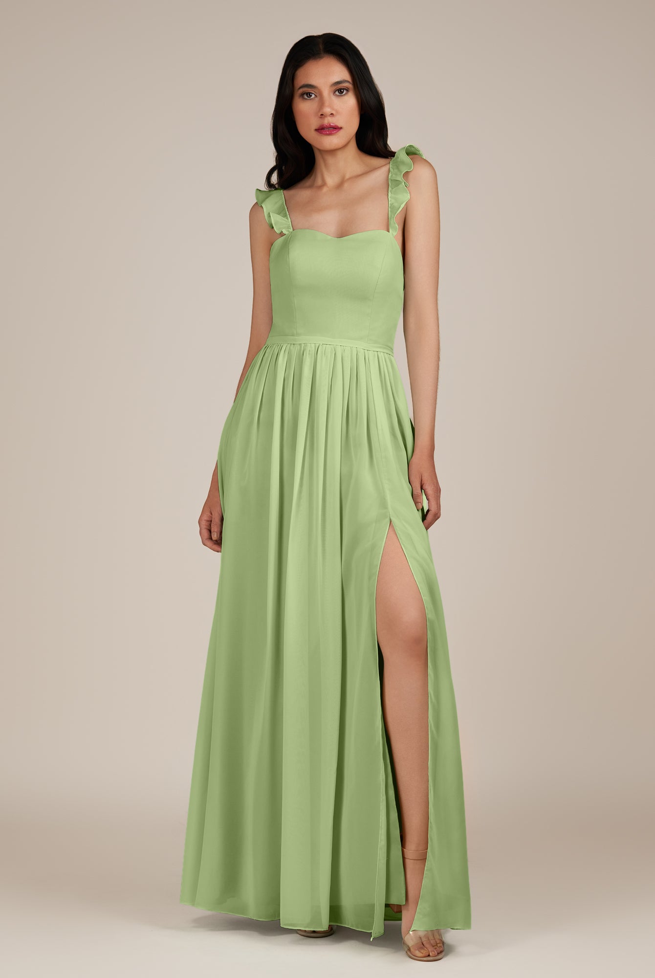 KissDress-Onyx Matcha A Line Sweetheart Chiffon Ruffled Long Bridesmaid Dress with Slit