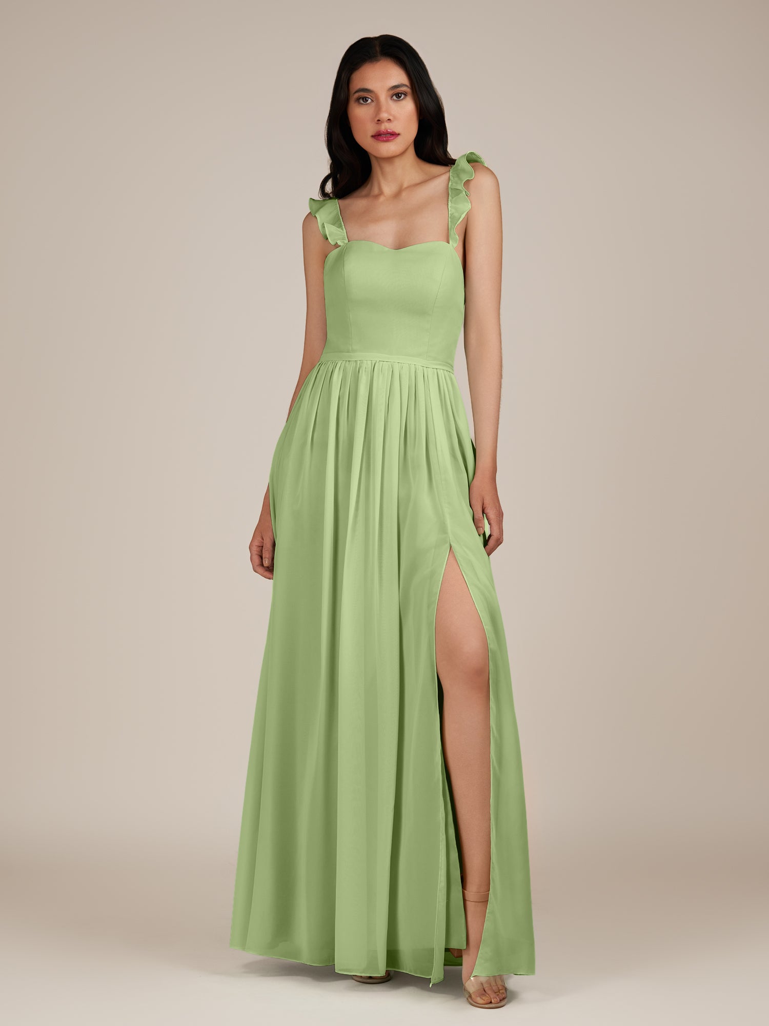 KissDress-Onyx Matcha A Line Sweetheart Chiffon Ruffled Long Bridesmaid Dress with Slit