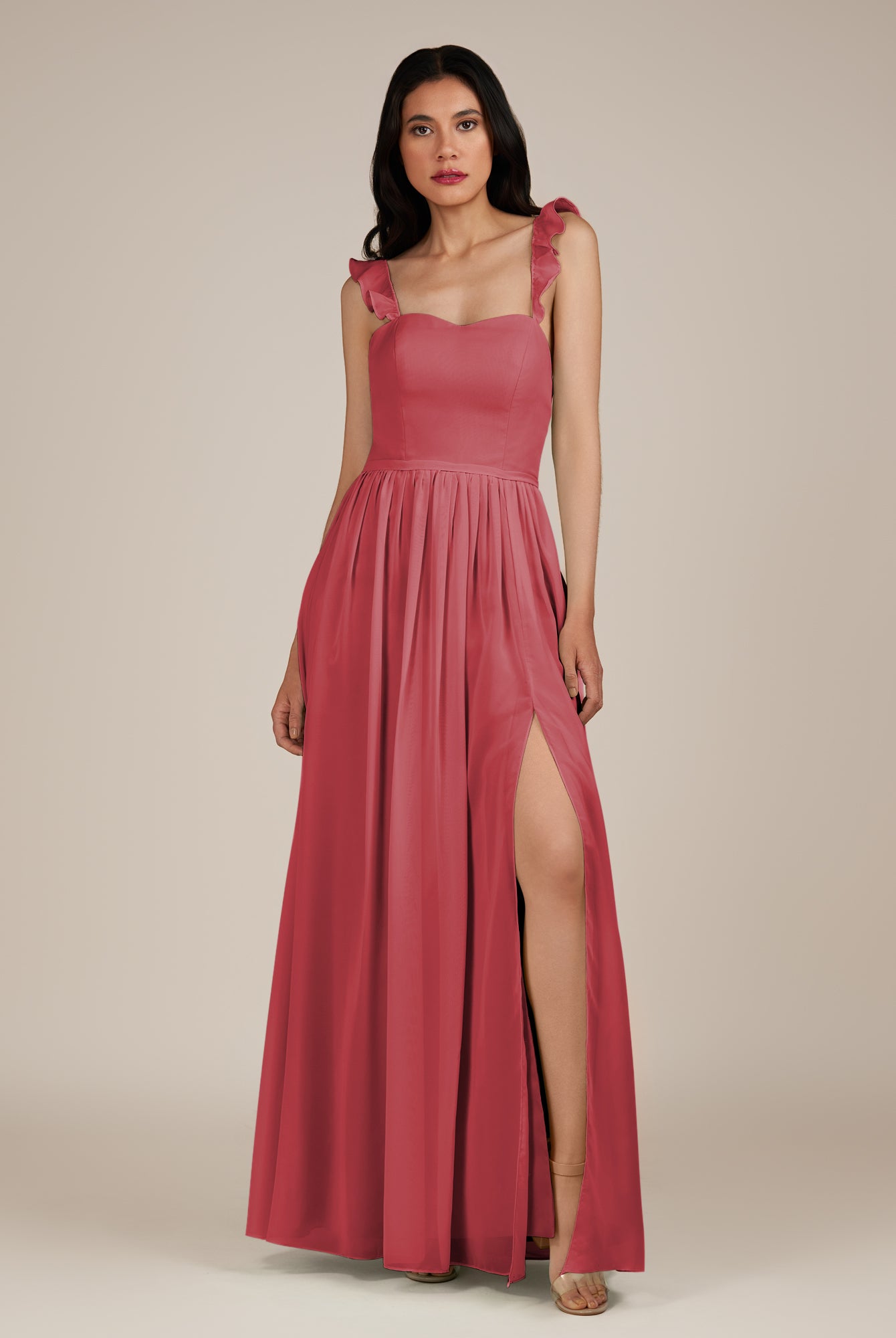 KissDress-Onyx Merlot A Line Sweetheart Chiffon Ruffled Long Bridesmaid Dress with Slit
