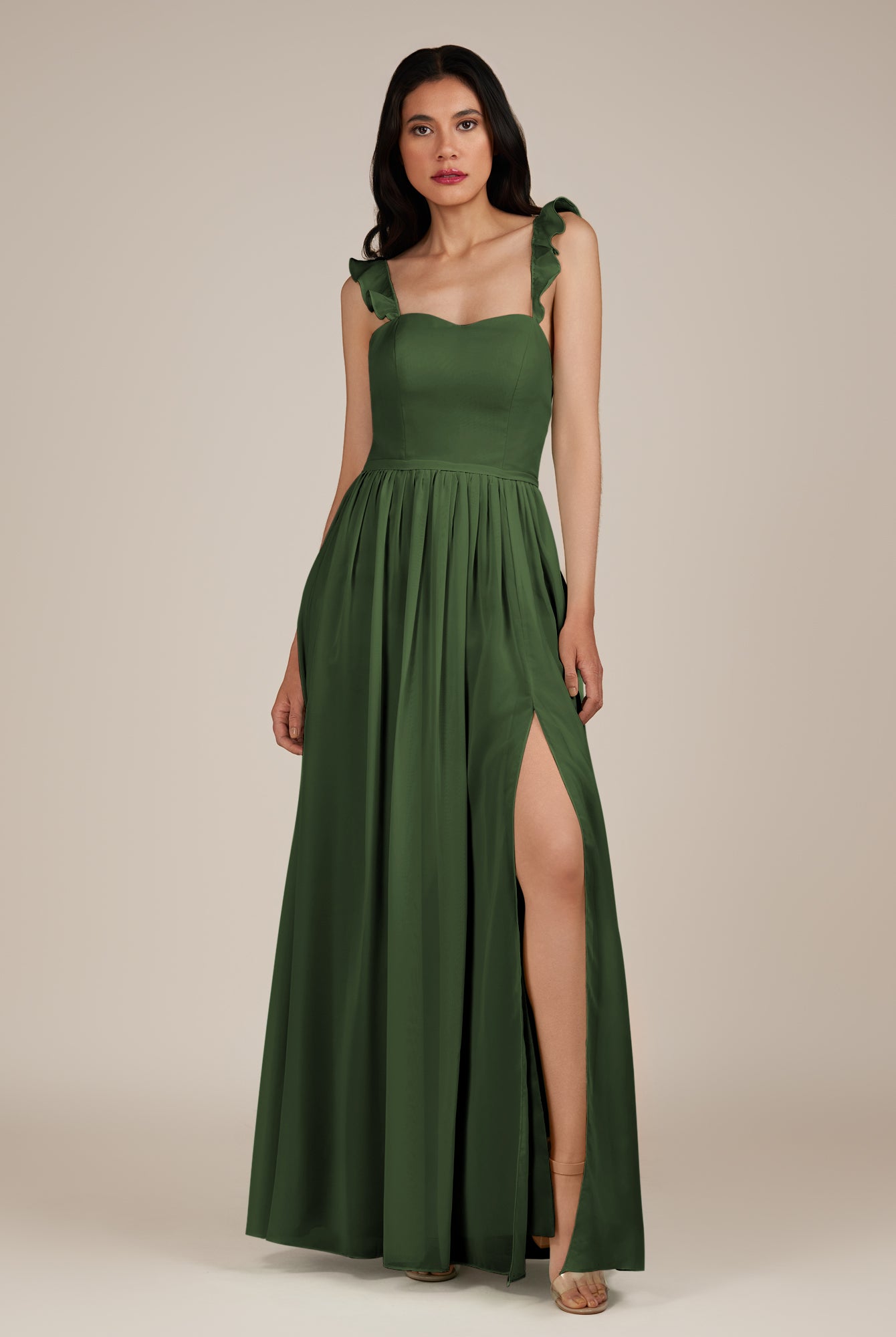 KissDress-Onyx Moss A Line Sweetheart Chiffon Ruffled Long Bridesmaid Dress with Slit