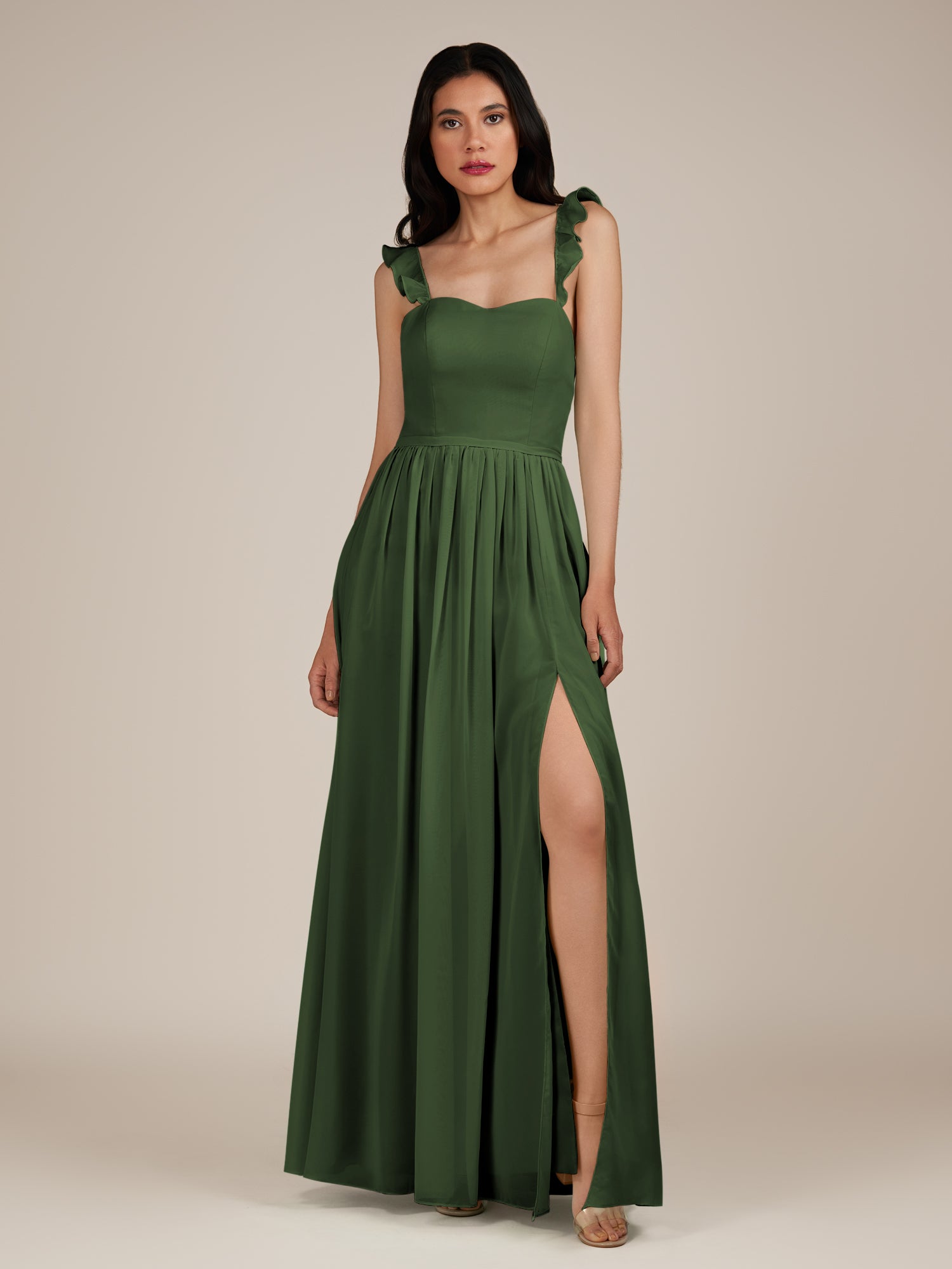 KissDress-Onyx Moss A Line Sweetheart Chiffon Ruffled Long Bridesmaid Dress with Slit