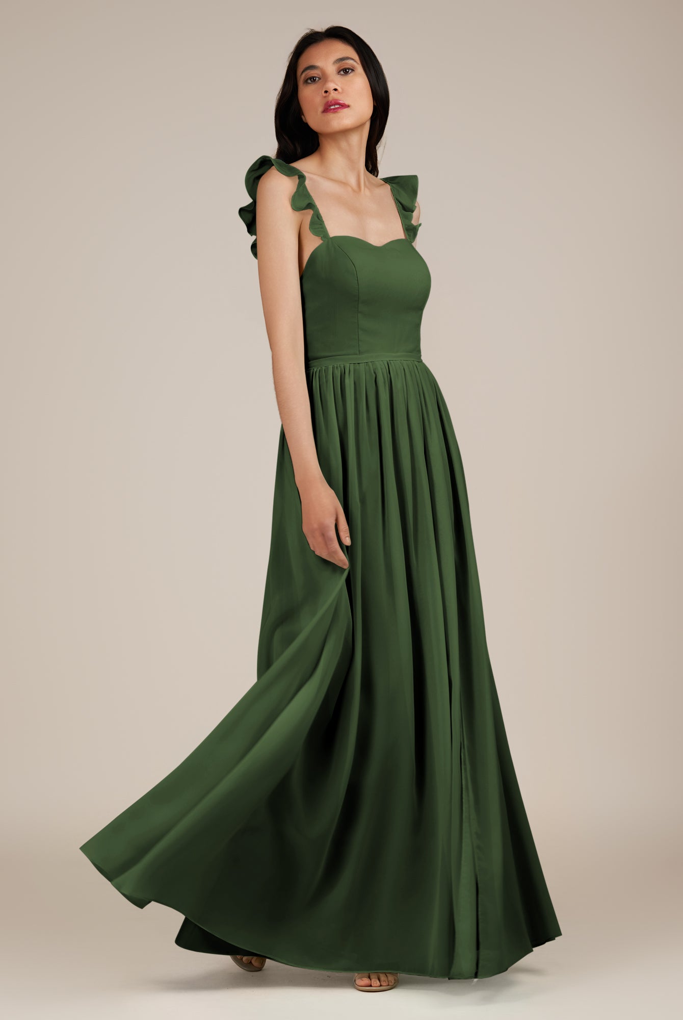 KissDress-Onyx Moss A Line Sweetheart Chiffon Ruffled Long Bridesmaid Dress with Slit