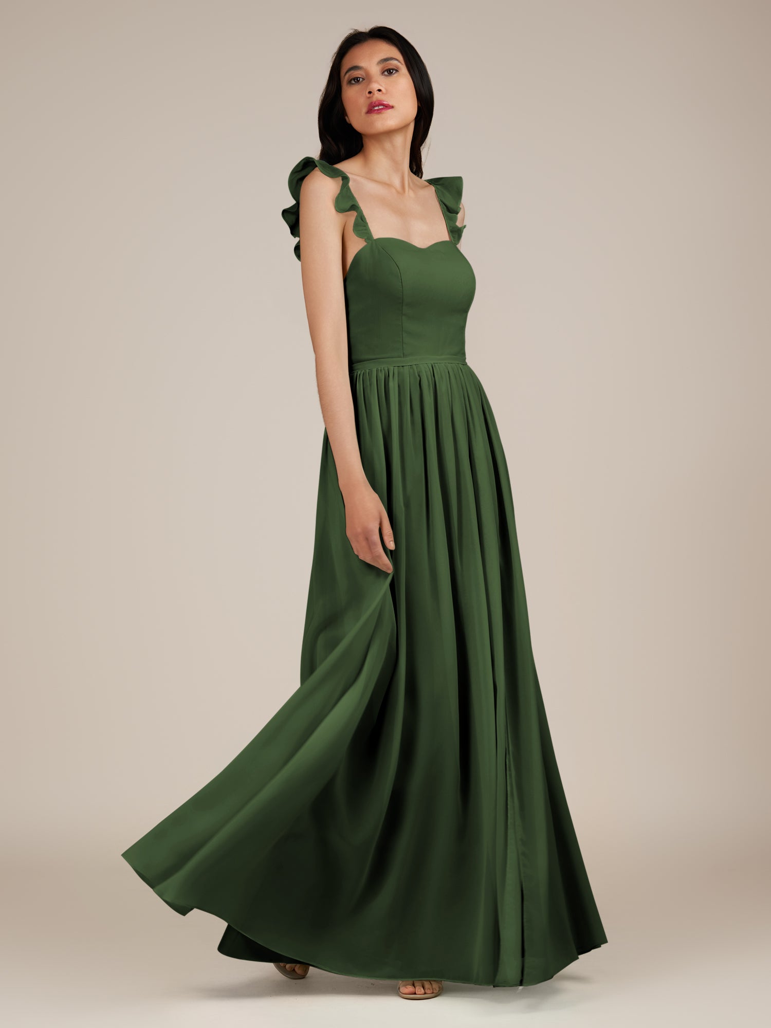 KissDress-Onyx Moss A Line Sweetheart Chiffon Ruffled Long Bridesmaid Dress with Slit