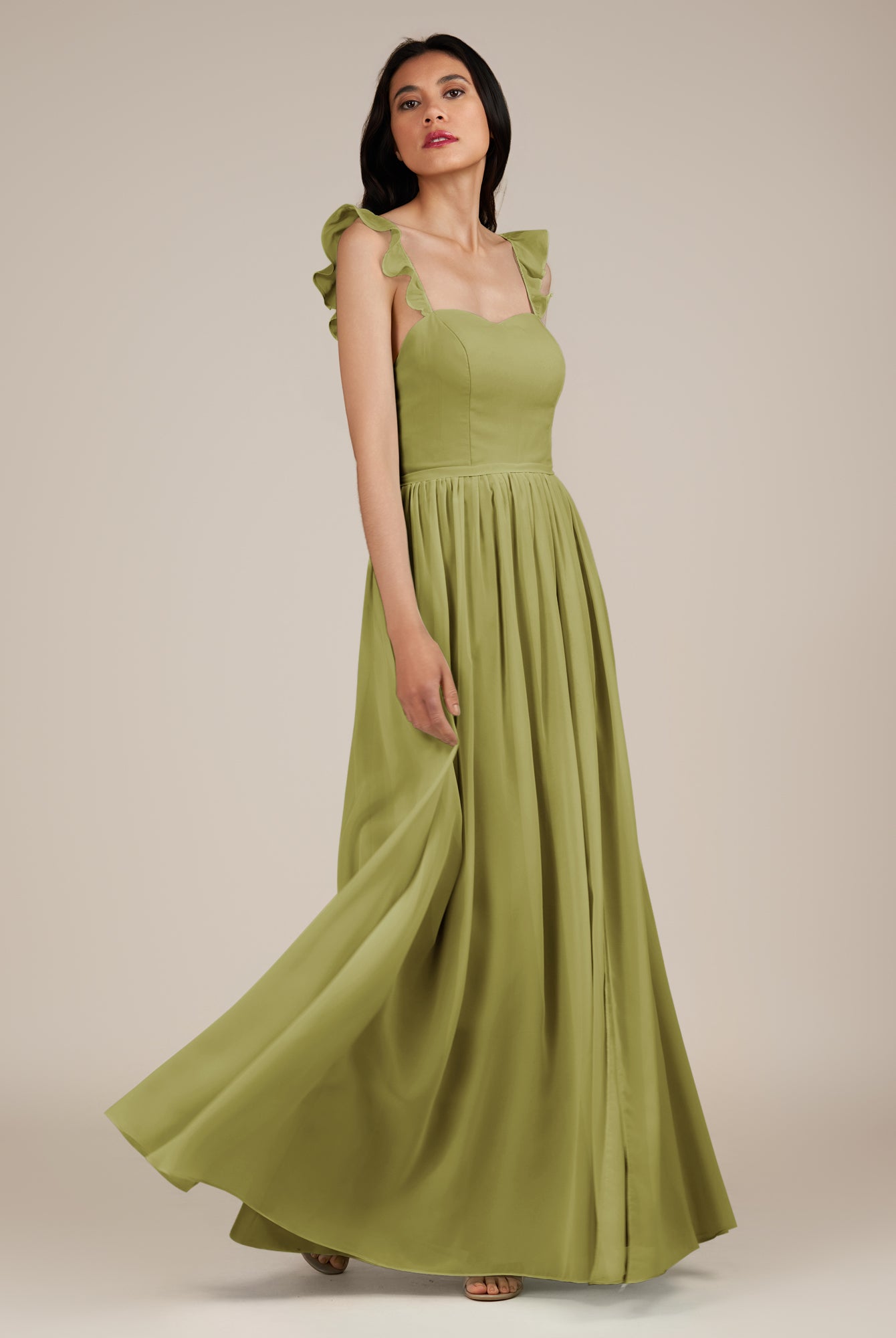 KissDress-Onyx Moss Green A Line Sweetheart Chiffon Ruffled Long Bridesmaid Dress with Slit