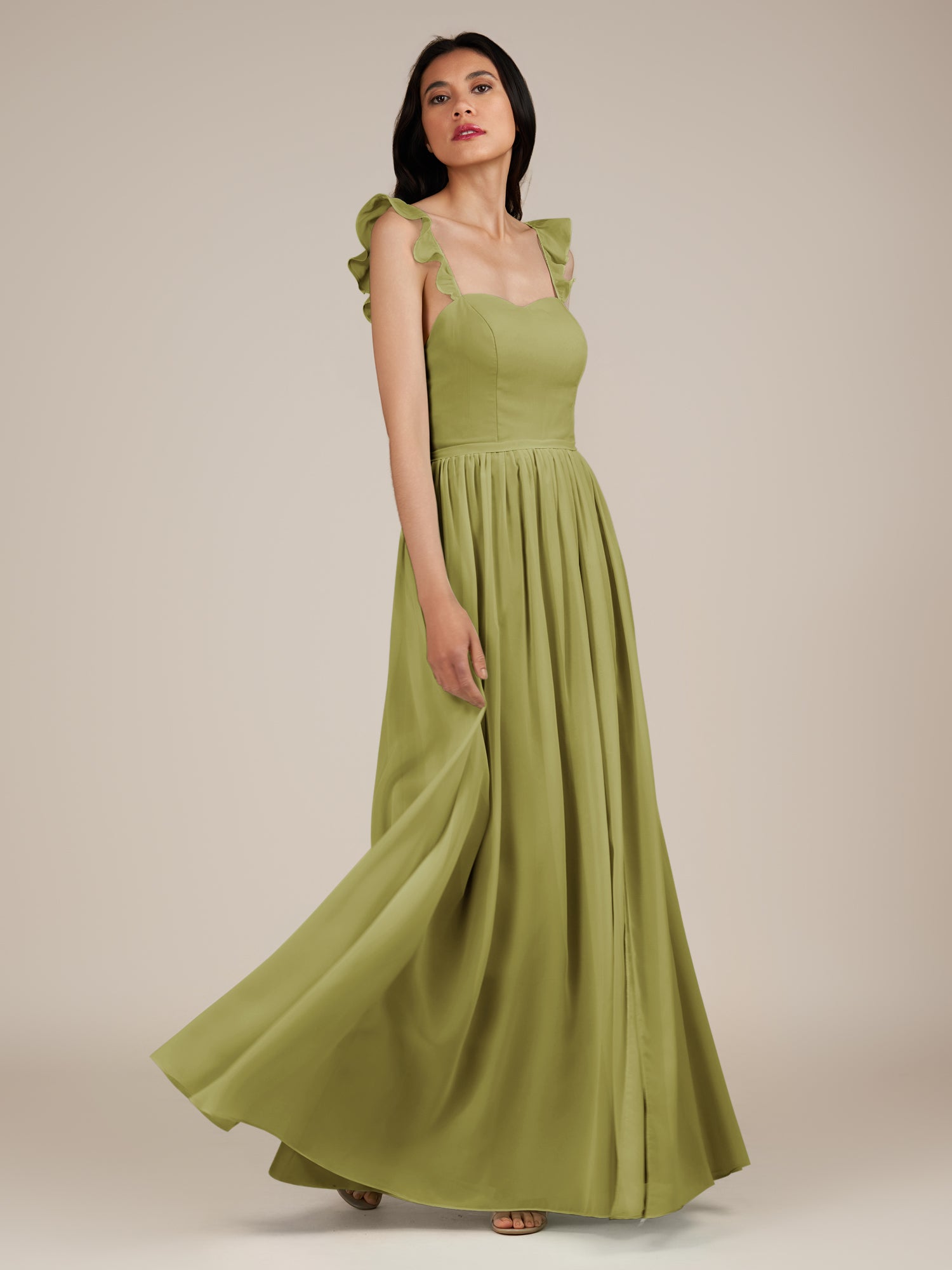KissDress-Onyx Moss Green A Line Sweetheart Chiffon Ruffled Long Bridesmaid Dress with Slit