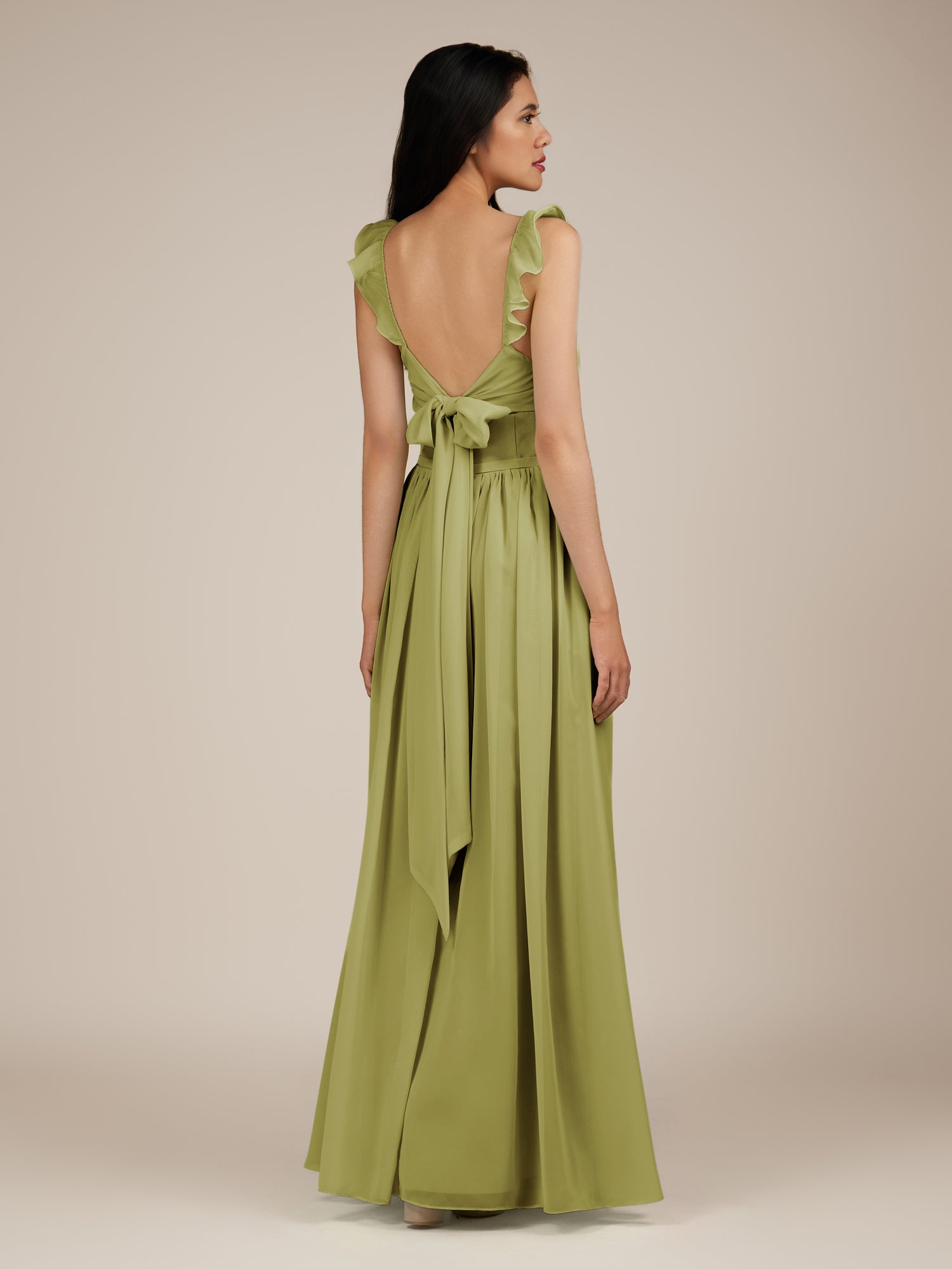 KissDress-Onyx Moss Green A Line Sweetheart Chiffon Ruffled Long Bridesmaid Dress with Slit