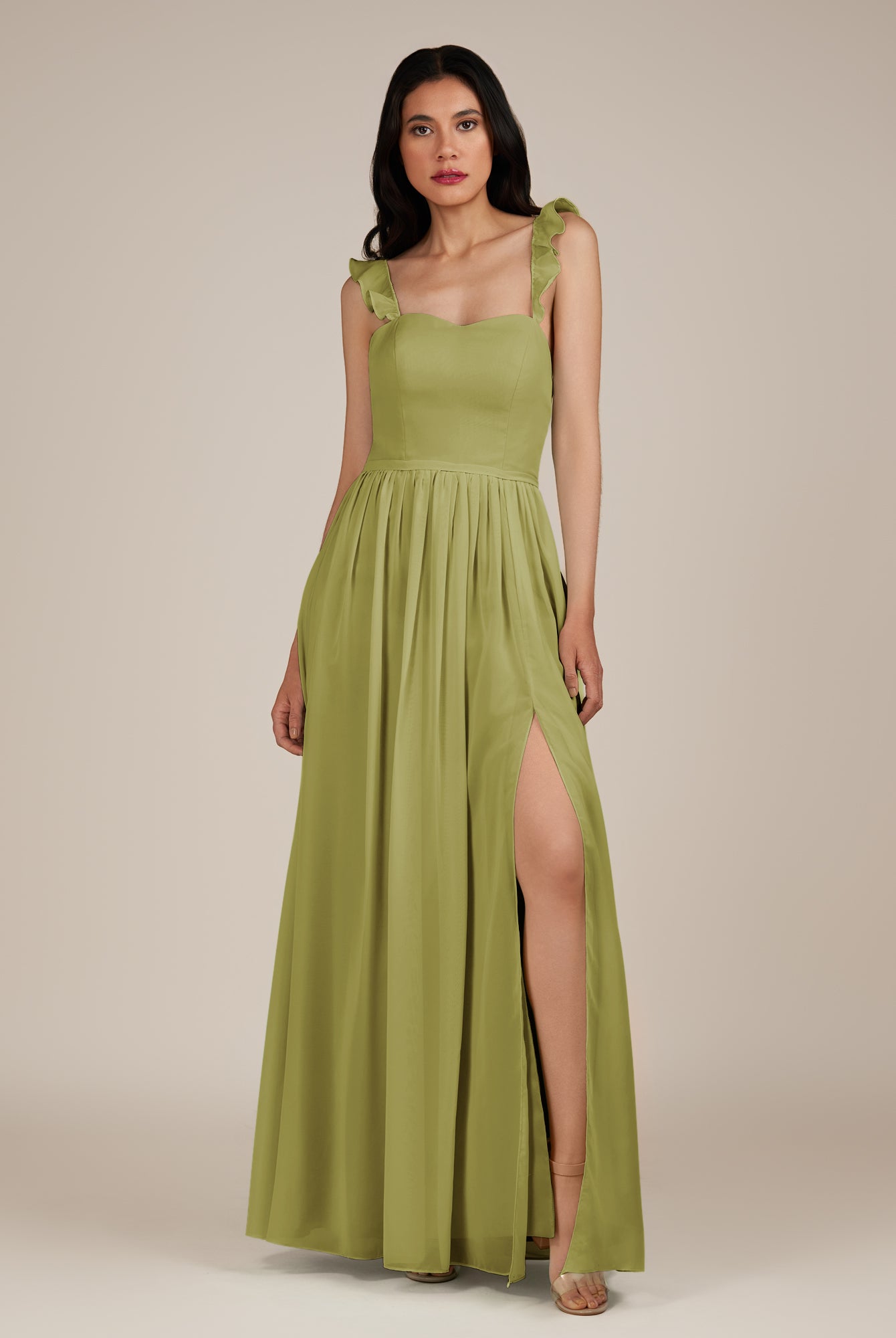 KissDress-Onyx Moss Green A Line Sweetheart Chiffon Ruffled Long Bridesmaid Dress with Slit