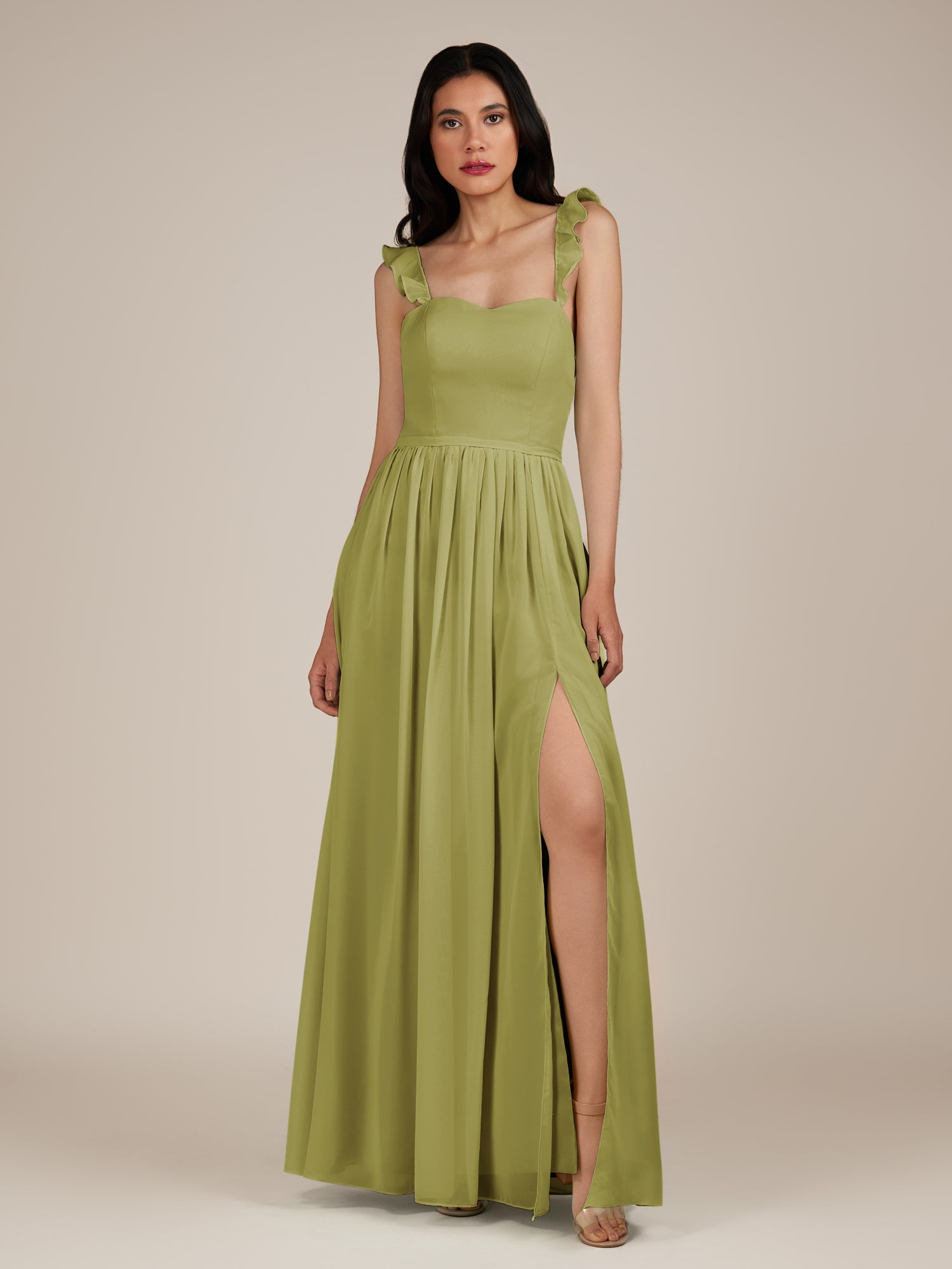 KissDress-Onyx Moss Green A Line Sweetheart Chiffon Ruffled Long Bridesmaid Dress with Slit