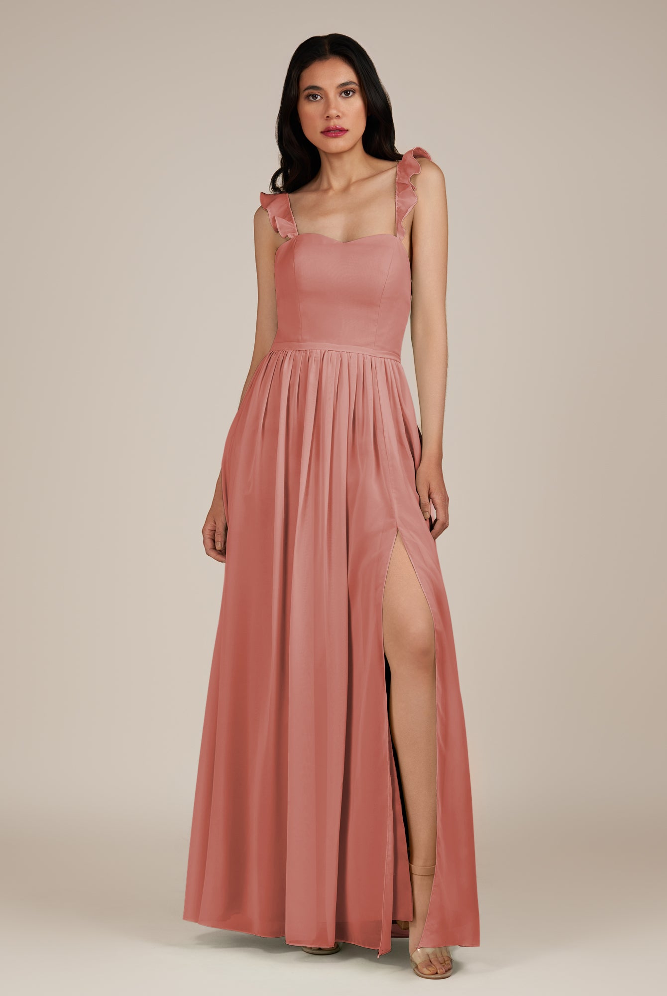 KissDress-Onyx Mulberry A Line Sweetheart Chiffon Ruffled Long Bridesmaid Dress with Slit