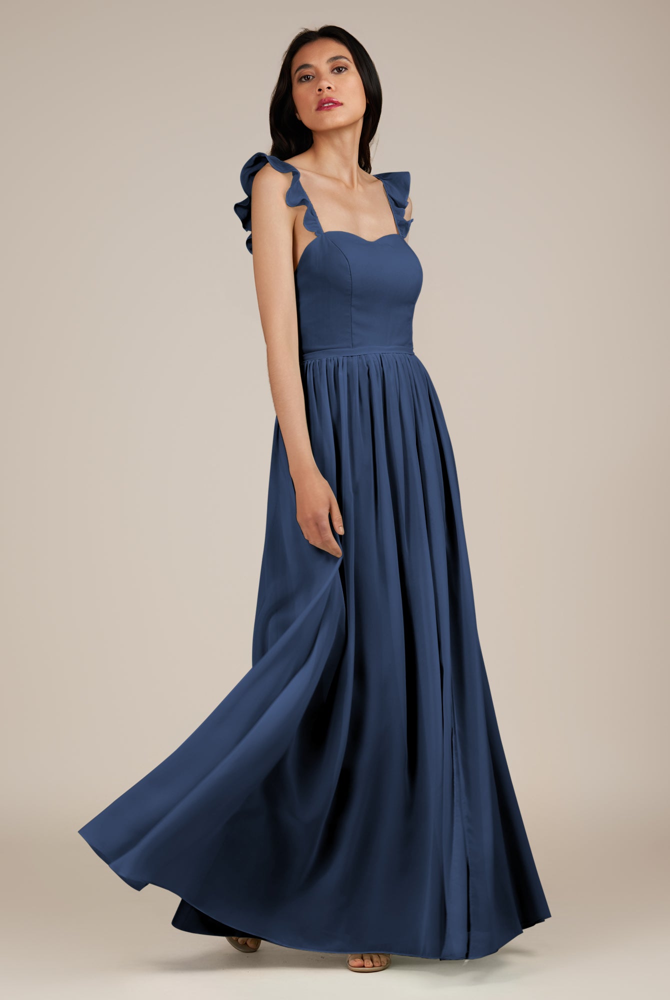 KissDress-Onyx Navy A Line Sweetheart Chiffon Ruffled Long Bridesmaid Dress with Slit
