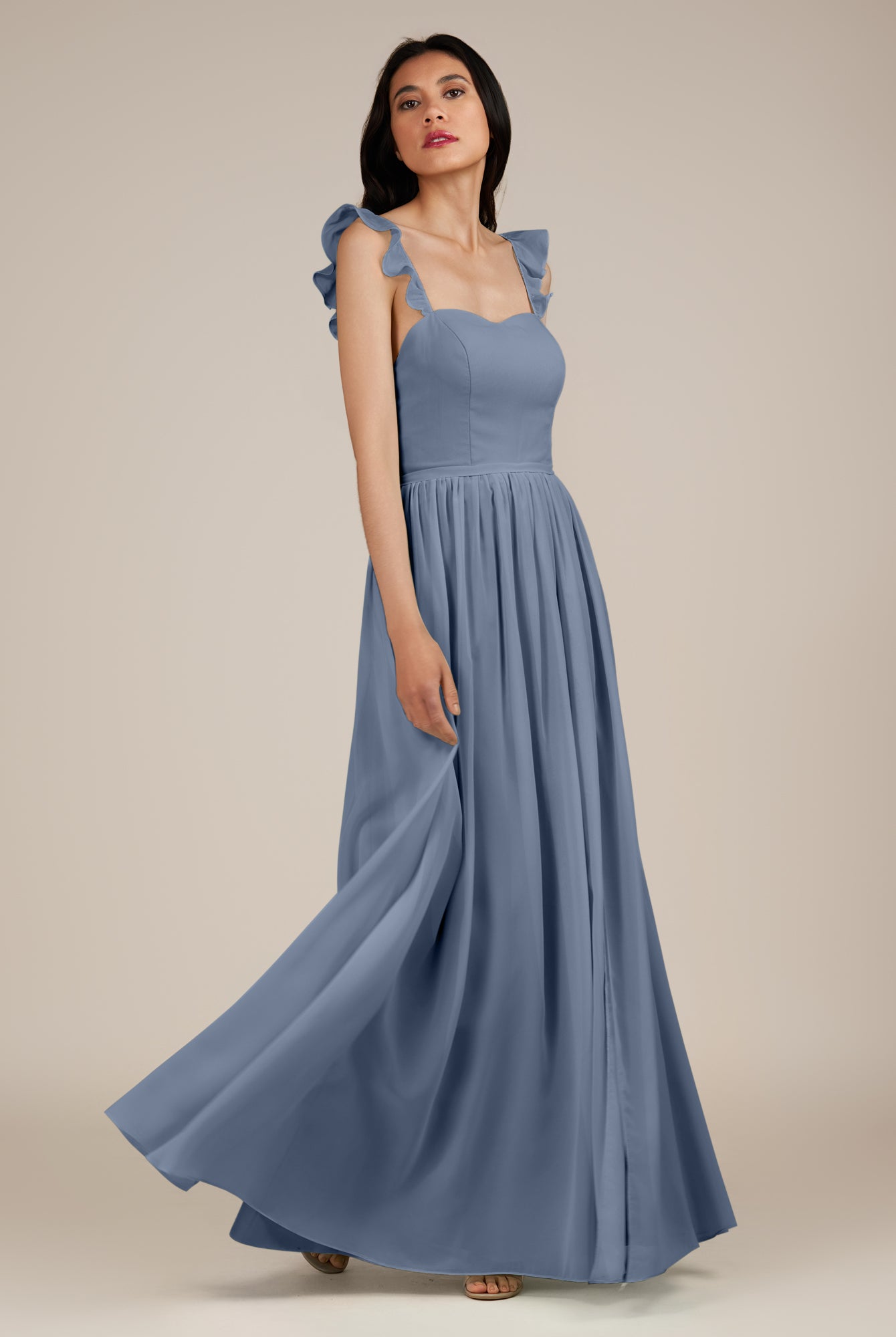 KissDress-Onyx Neptune A Line Sweetheart Chiffon Ruffled Long Bridesmaid Dress with Slit