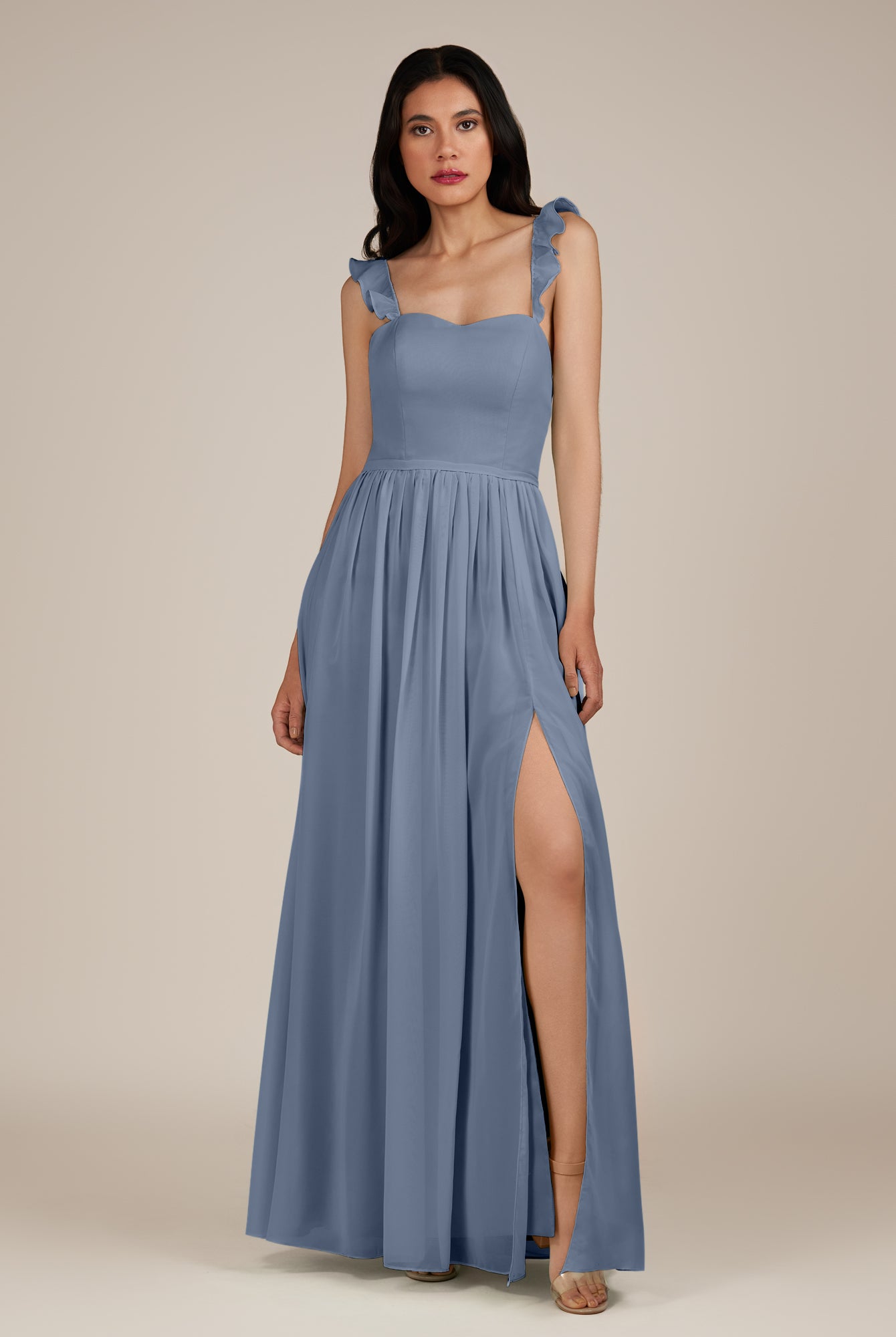 KissDress-Onyx Neptune A Line Sweetheart Chiffon Ruffled Long Bridesmaid Dress with Slit