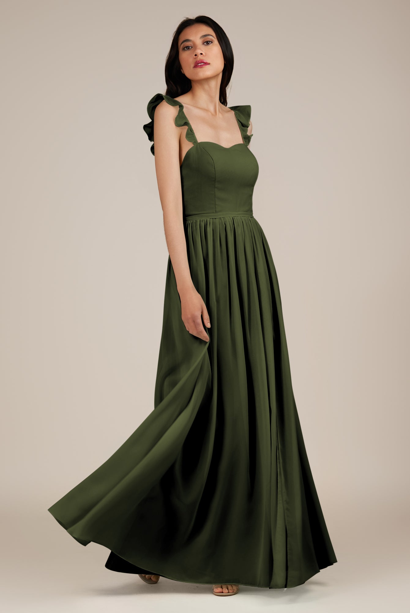 KissDress-Onyx Olive A Line Sweetheart Chiffon Ruffled Long Bridesmaid Dress with Slit