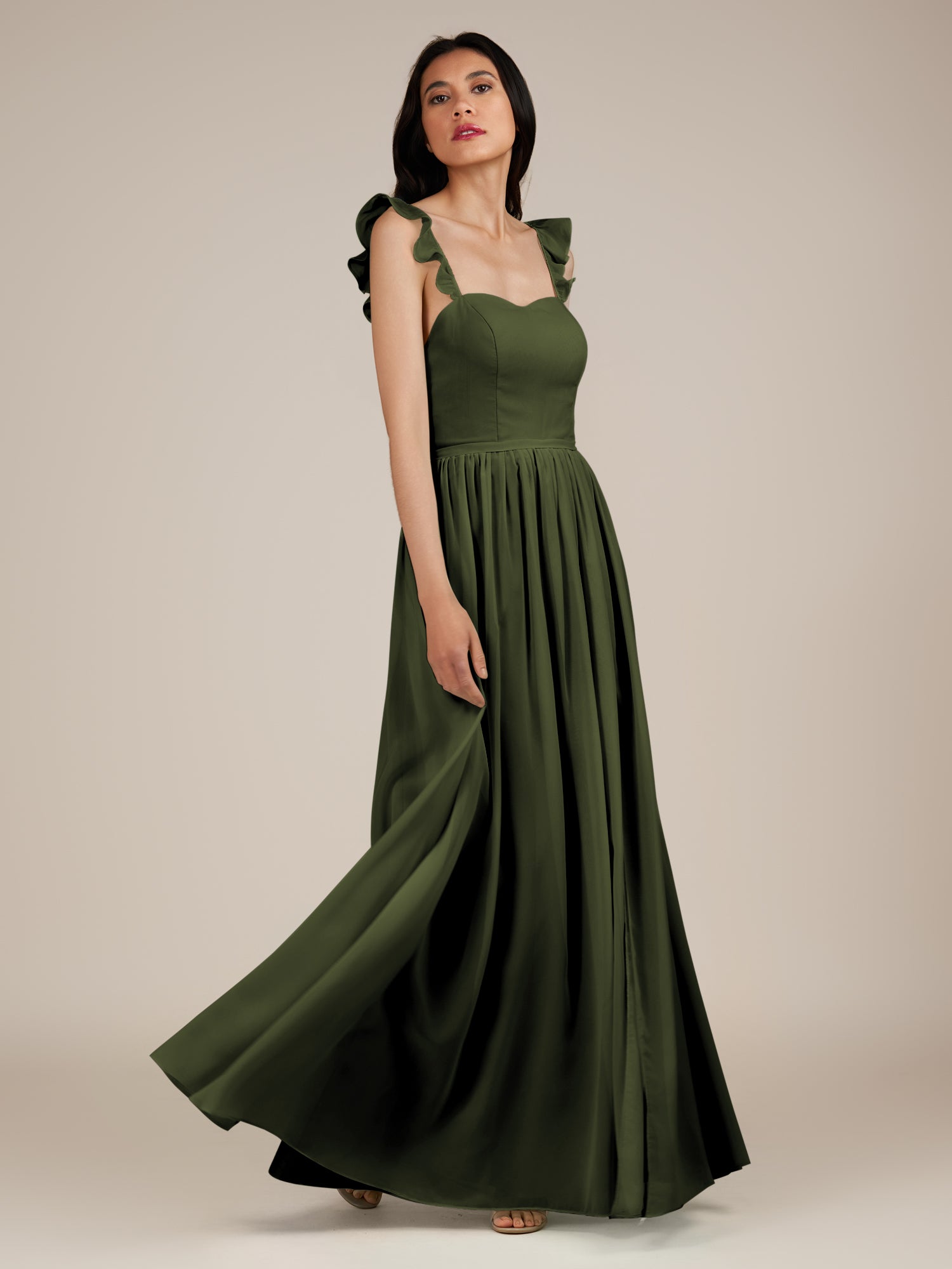 KissDress-Onyx Olive A Line Sweetheart Chiffon Ruffled Long Bridesmaid Dress with Slit