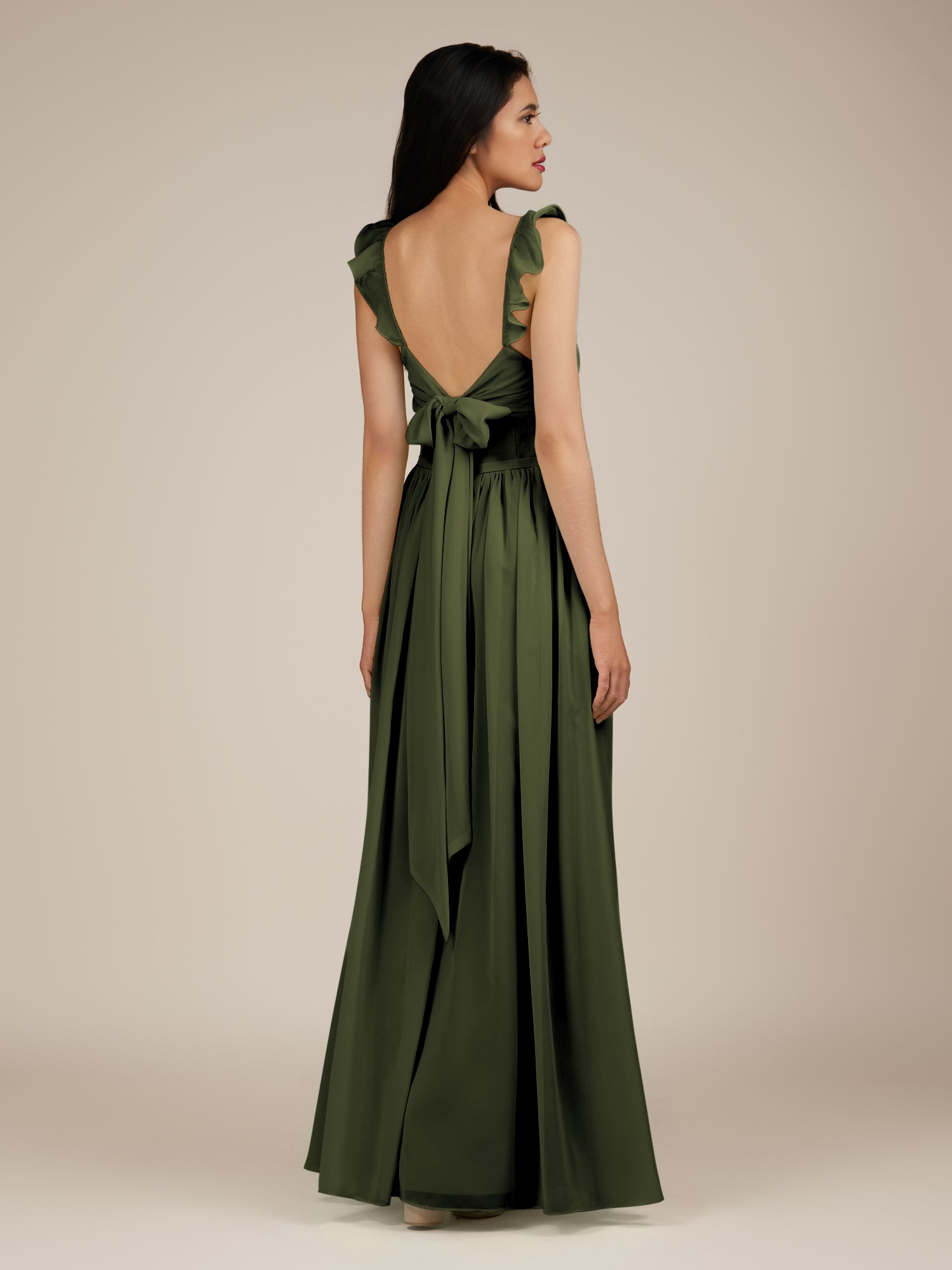 KissDress-Onyx Olive A Line Sweetheart Chiffon Ruffled Long Bridesmaid Dress with Slit