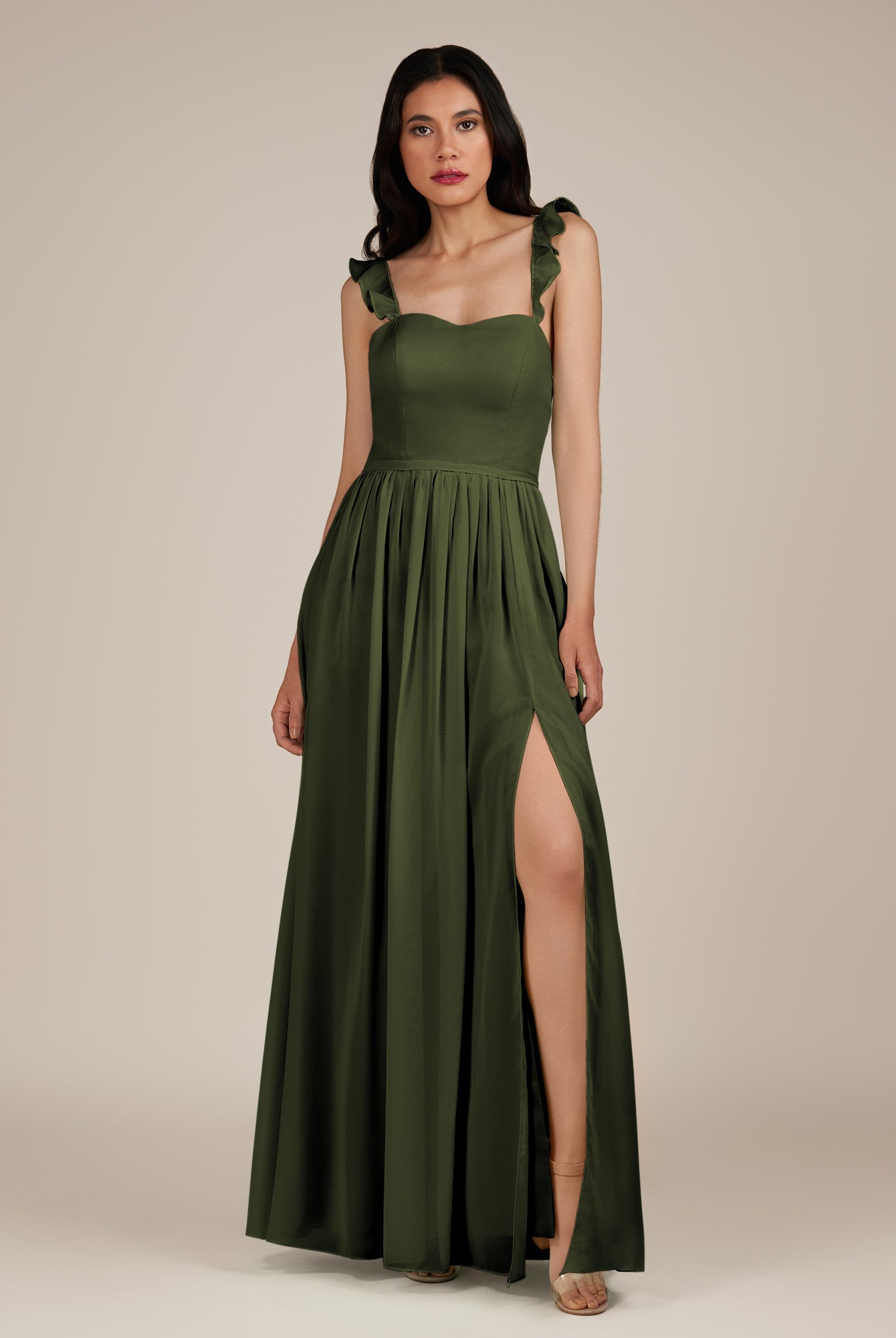 KissDress-Onyx Olive A Line Sweetheart Chiffon Ruffled Long Bridesmaid Dress with Slit