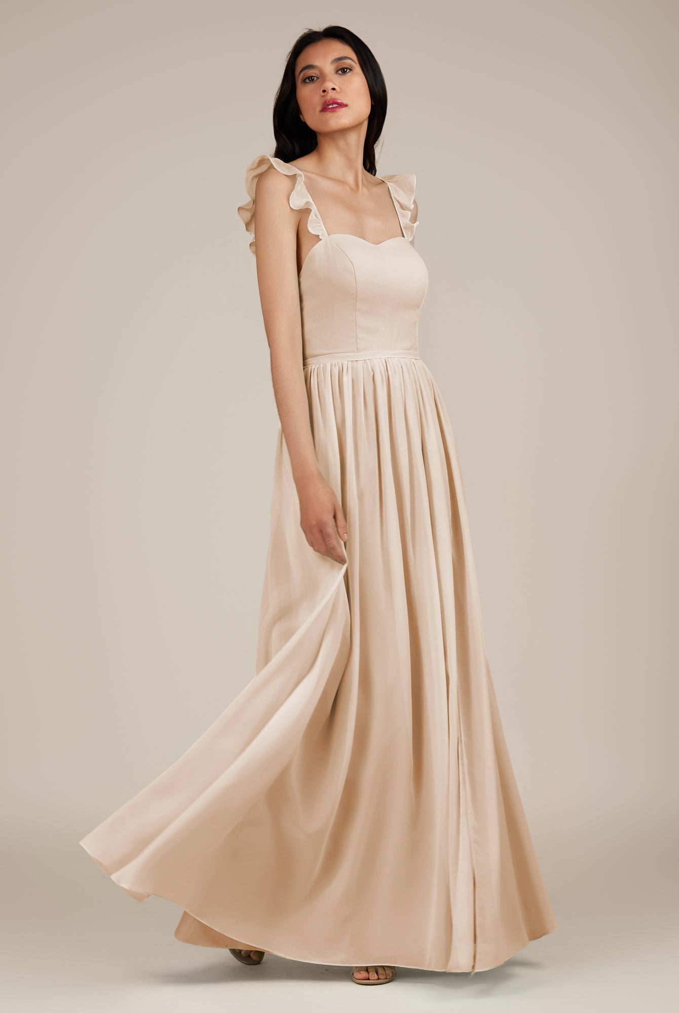 KissDress-Onyx Pale Blush A Line Sweetheart Chiffon Ruffled Long Bridesmaid Dress with Slit