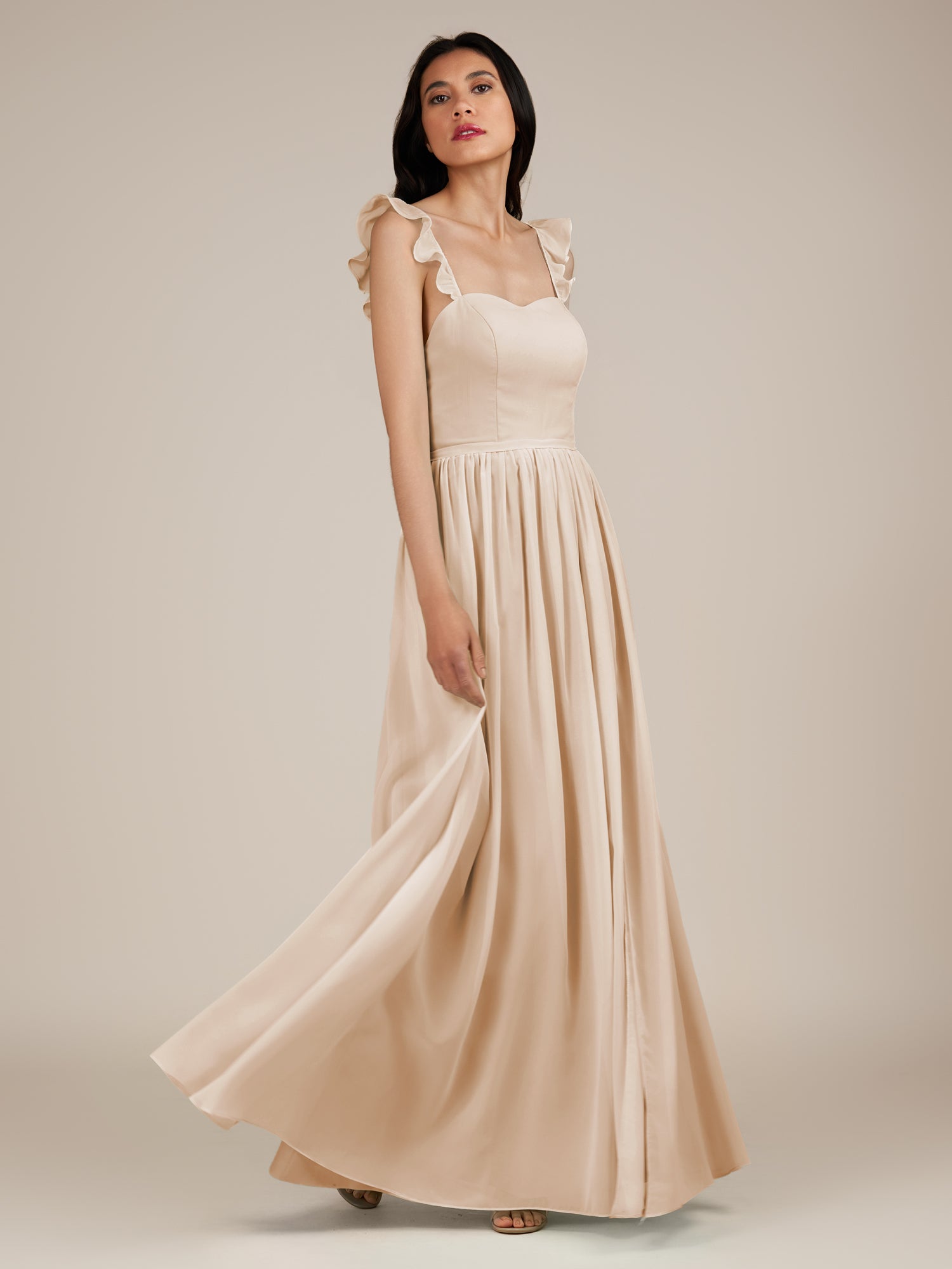 KissDress-Onyx Pale Blush A Line Sweetheart Chiffon Ruffled Long Bridesmaid Dress with Slit