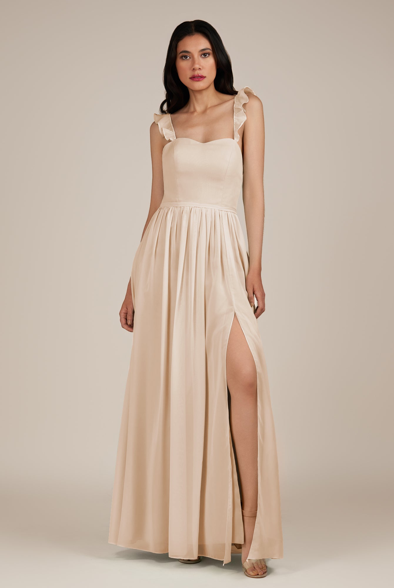 KissDress-Onyx Pale Blush A Line Sweetheart Chiffon Ruffled Long Bridesmaid Dress with Slit