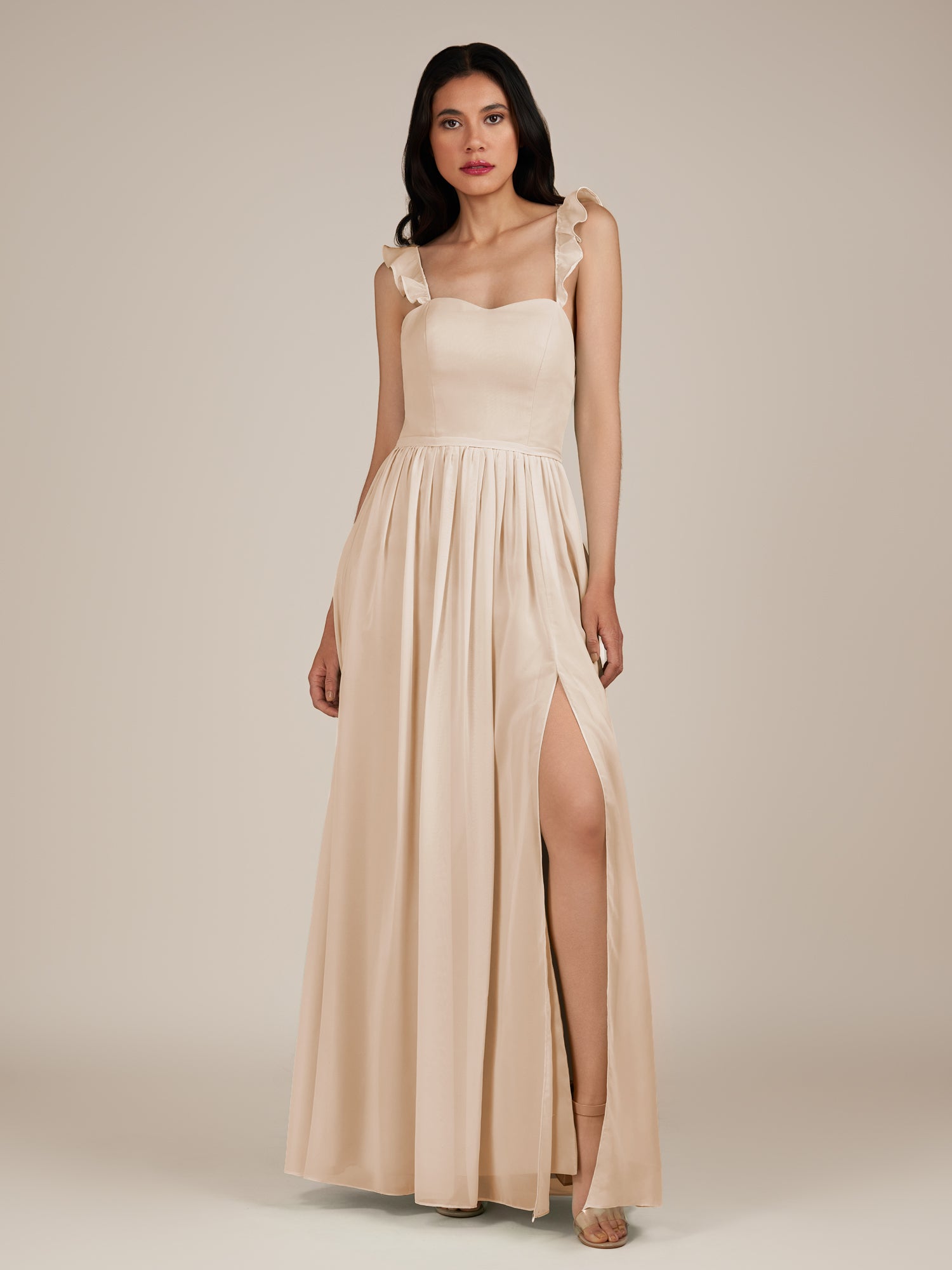 KissDress-Onyx Pale Blush A Line Sweetheart Chiffon Ruffled Long Bridesmaid Dress with Slit