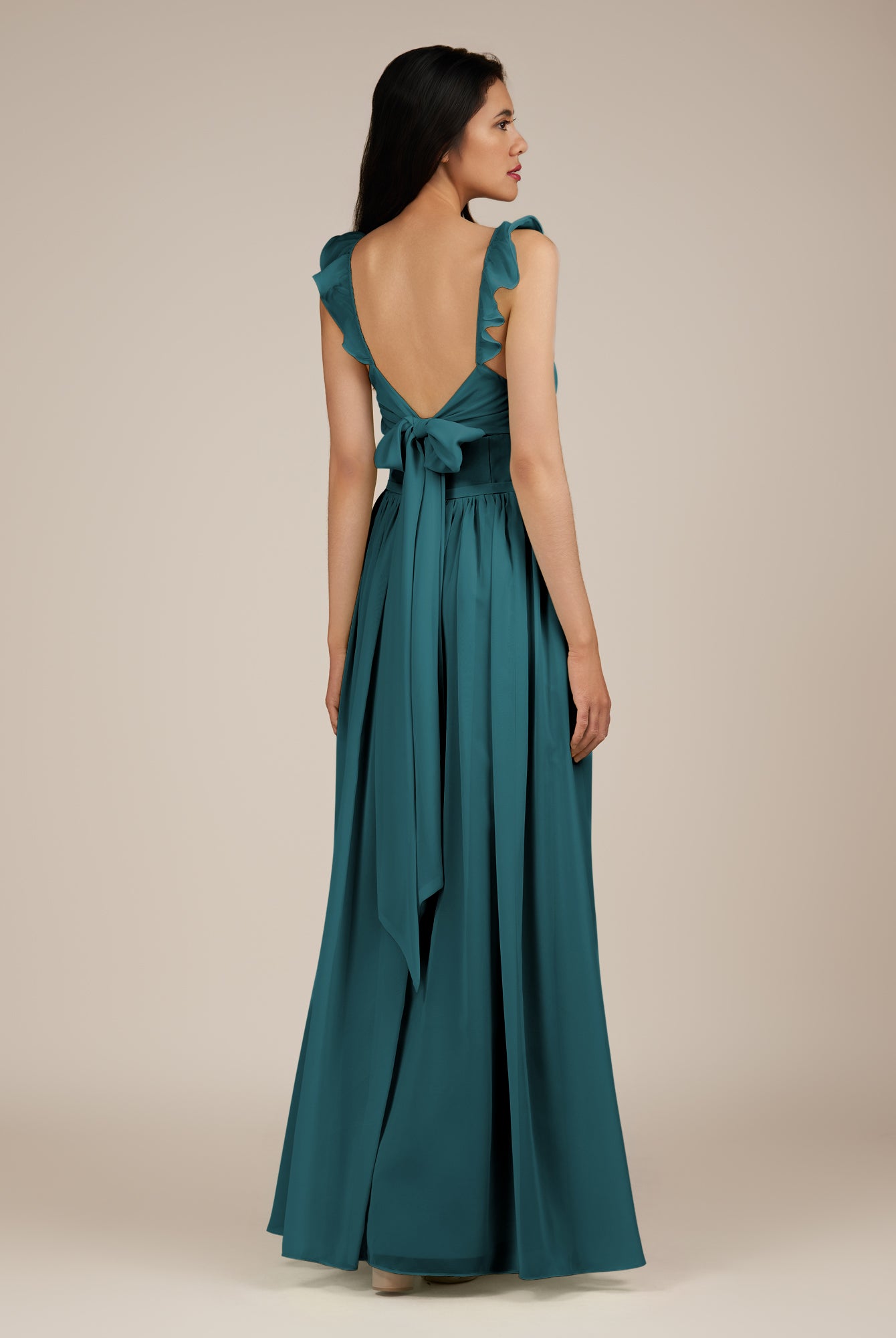KissDress-Onyx Pine A Line Sweetheart Chiffon Ruffled Long Bridesmaid Dress with Slit