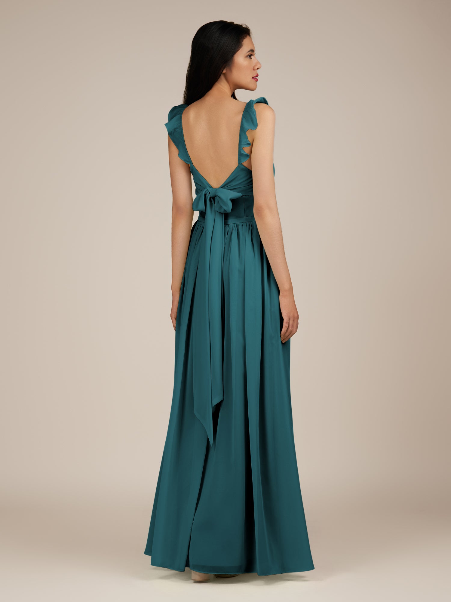 KissDress-Onyx Pine A Line Sweetheart Chiffon Ruffled Long Bridesmaid Dress with Slit