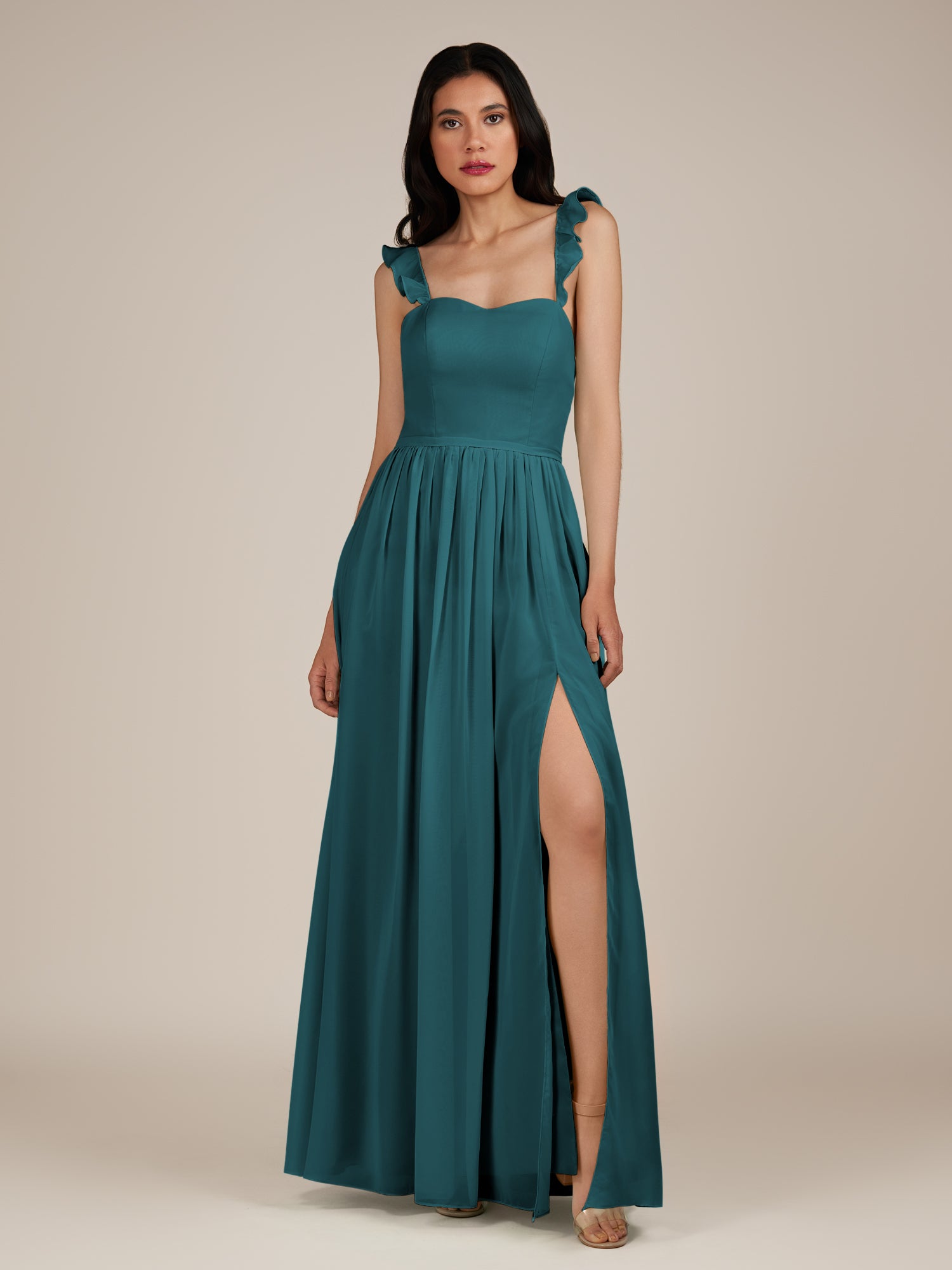 KissDress-Onyx Pine A Line Sweetheart Chiffon Ruffled Long Bridesmaid Dress with Slit