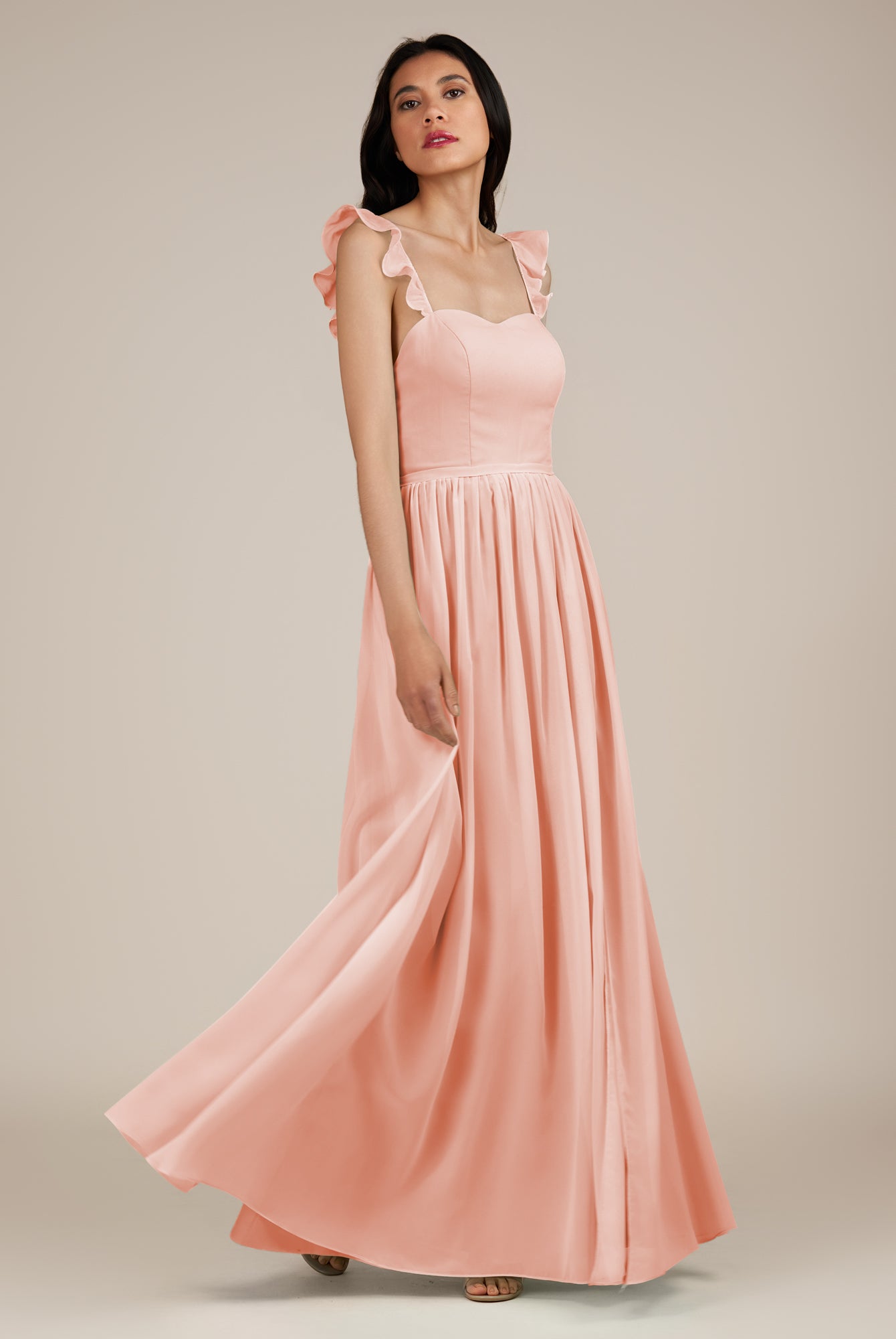 KissDress-Onyx Rose Petal A Line Sweetheart Chiffon Ruffled Long Bridesmaid Dress with Slit