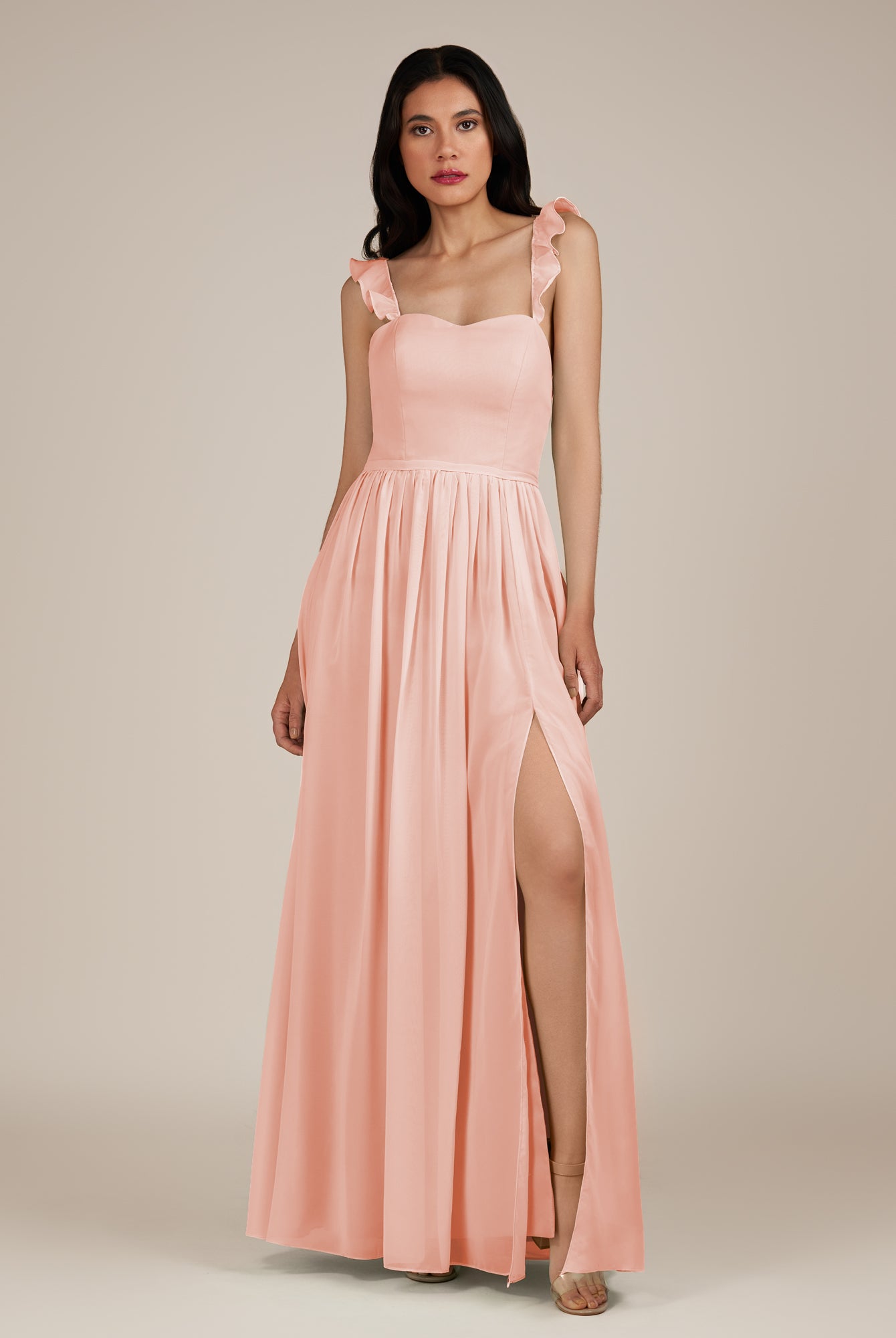 KissDress-Onyx Rose Petal A Line Sweetheart Chiffon Ruffled Long Bridesmaid Dress with Slit