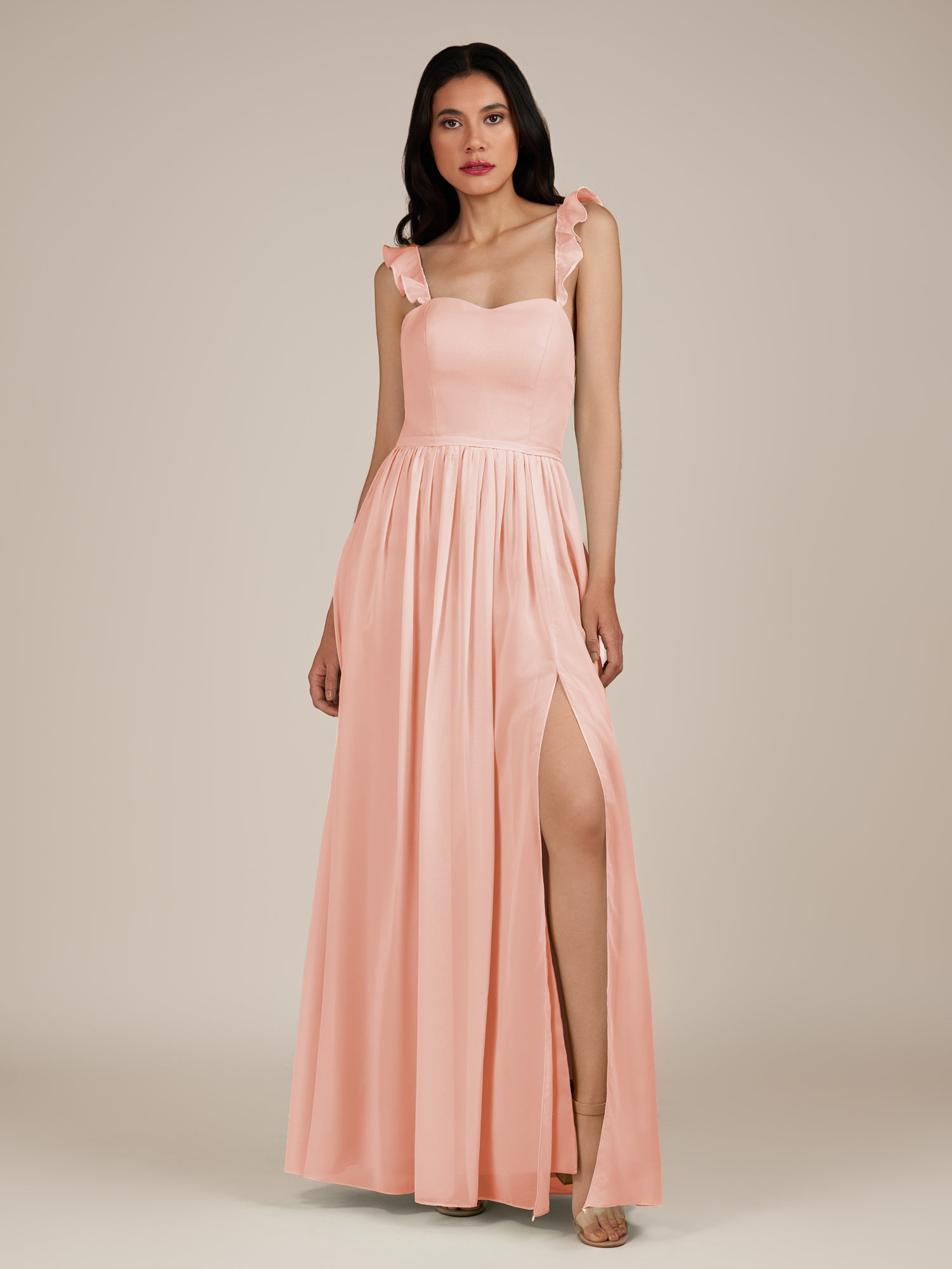 KissDress-Onyx Rose Petal A Line Sweetheart Chiffon Ruffled Long Bridesmaid Dress with Slit