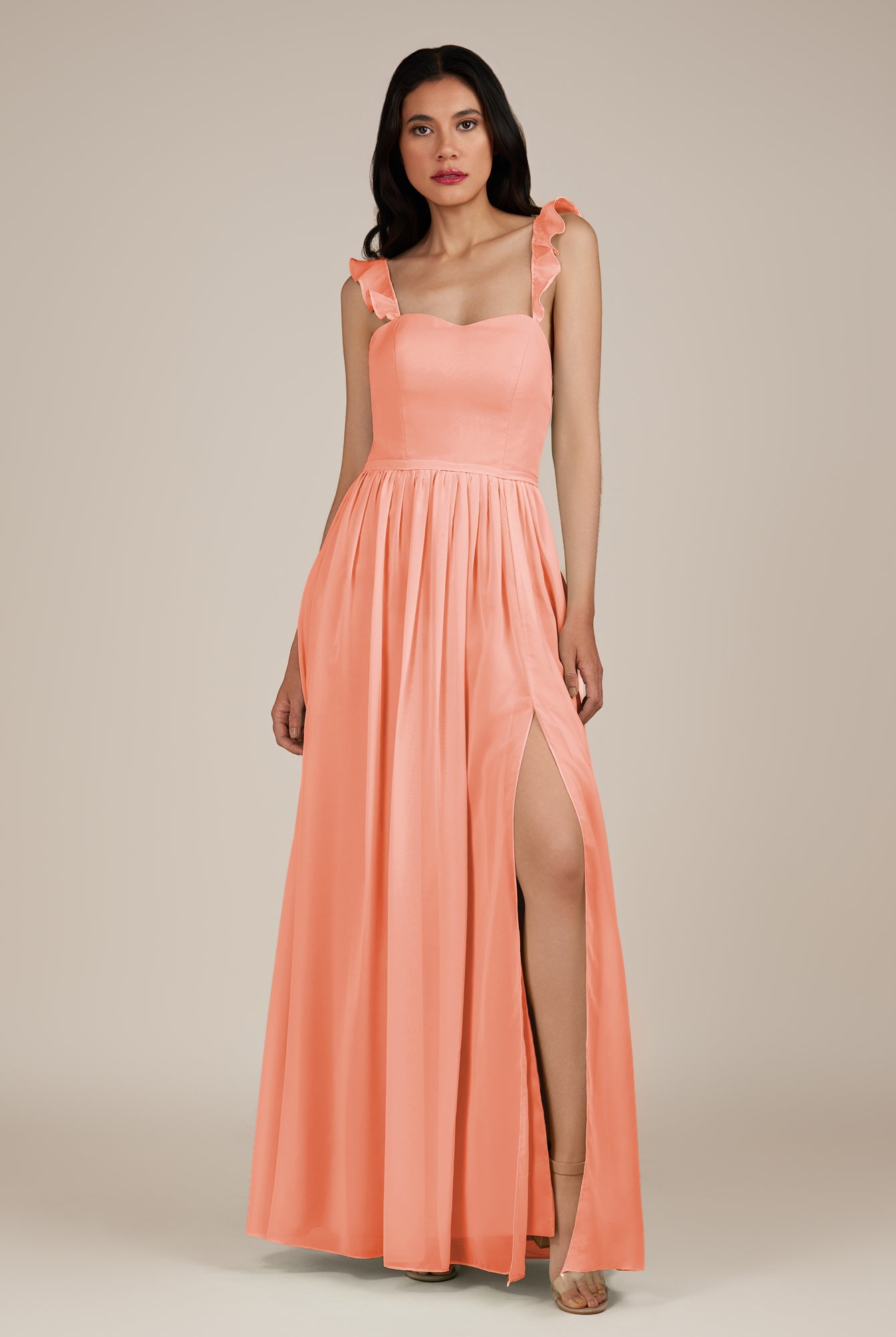 KissDress-Onyx Rosette A Line Sweetheart Chiffon Ruffled Long Bridesmaid Dress with Slit