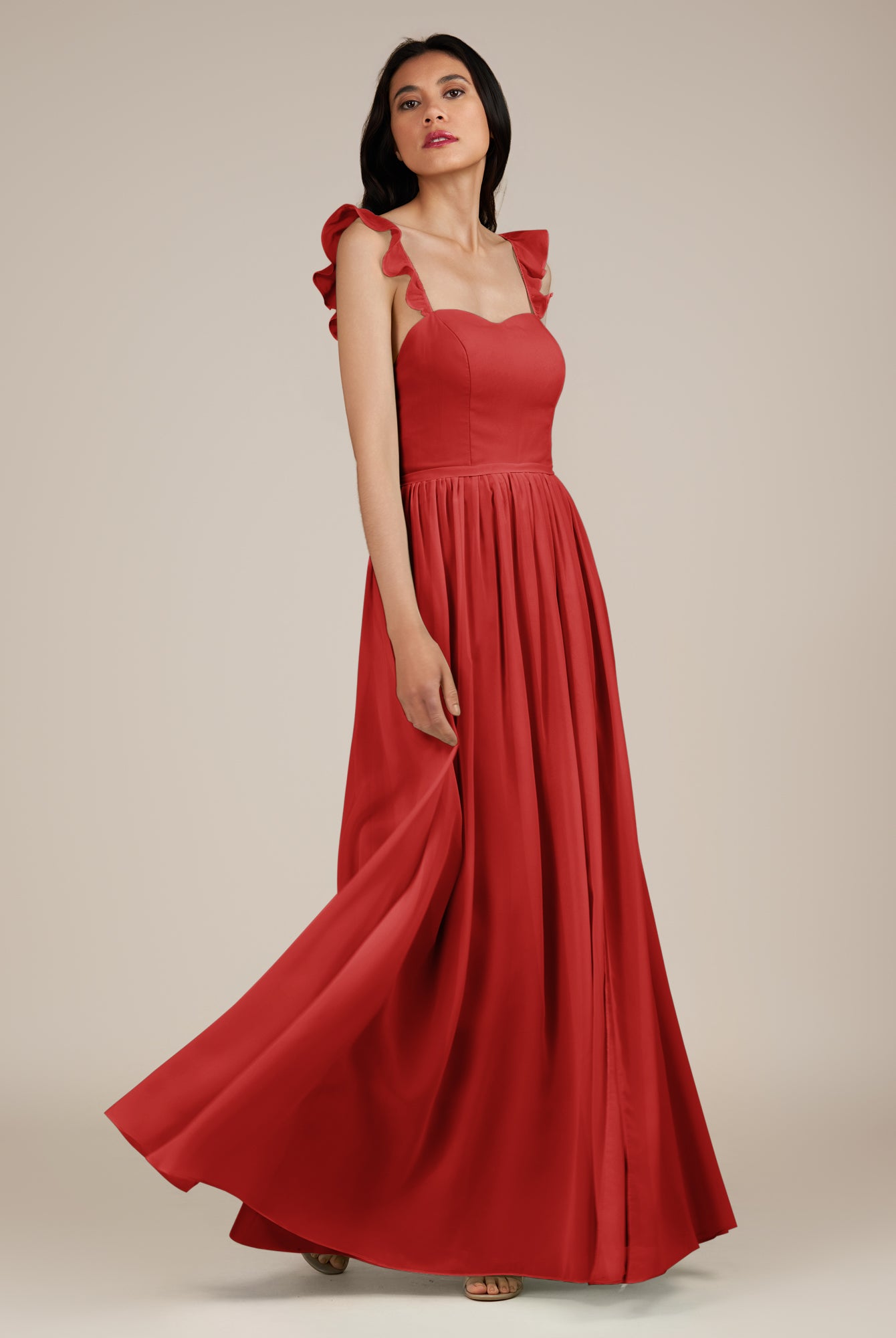 KissDress-Onyx Ruby Red A Line Sweetheart Chiffon Ruffled Long Bridesmaid Dress with Slit