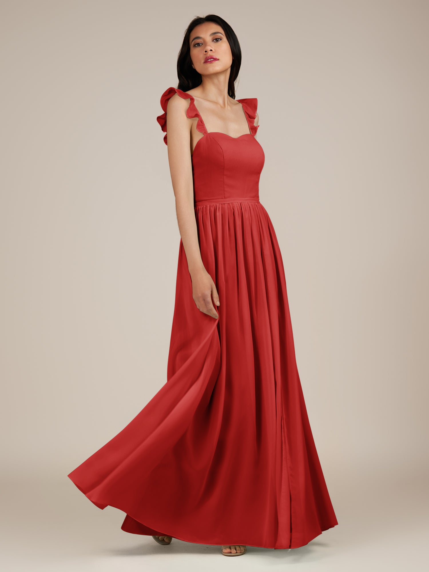 KissDress-Onyx Ruby Red A Line Sweetheart Chiffon Ruffled Long Bridesmaid Dress with Slit