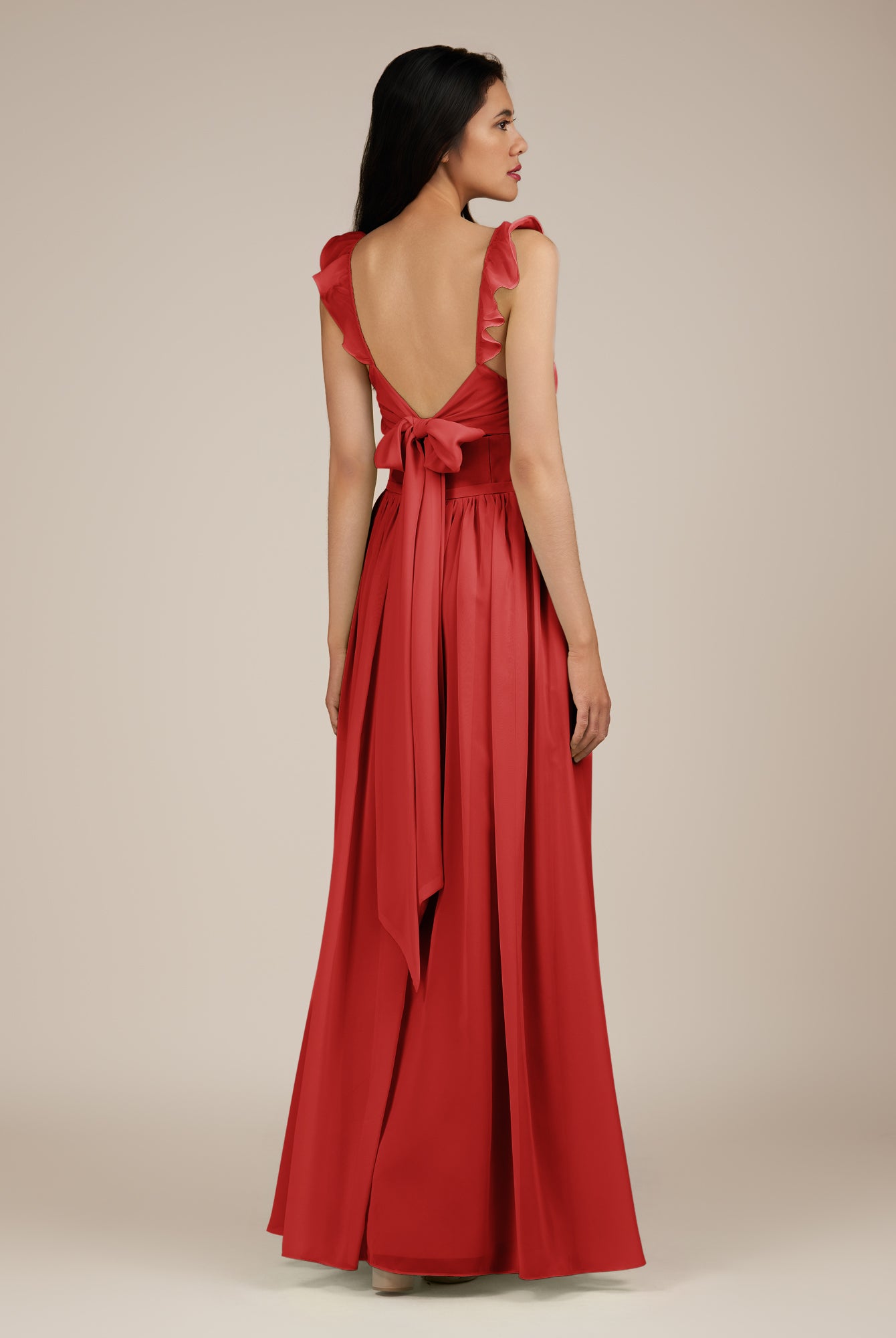KissDress-Onyx Ruby Red A Line Sweetheart Chiffon Ruffled Long Bridesmaid Dress with Slit
