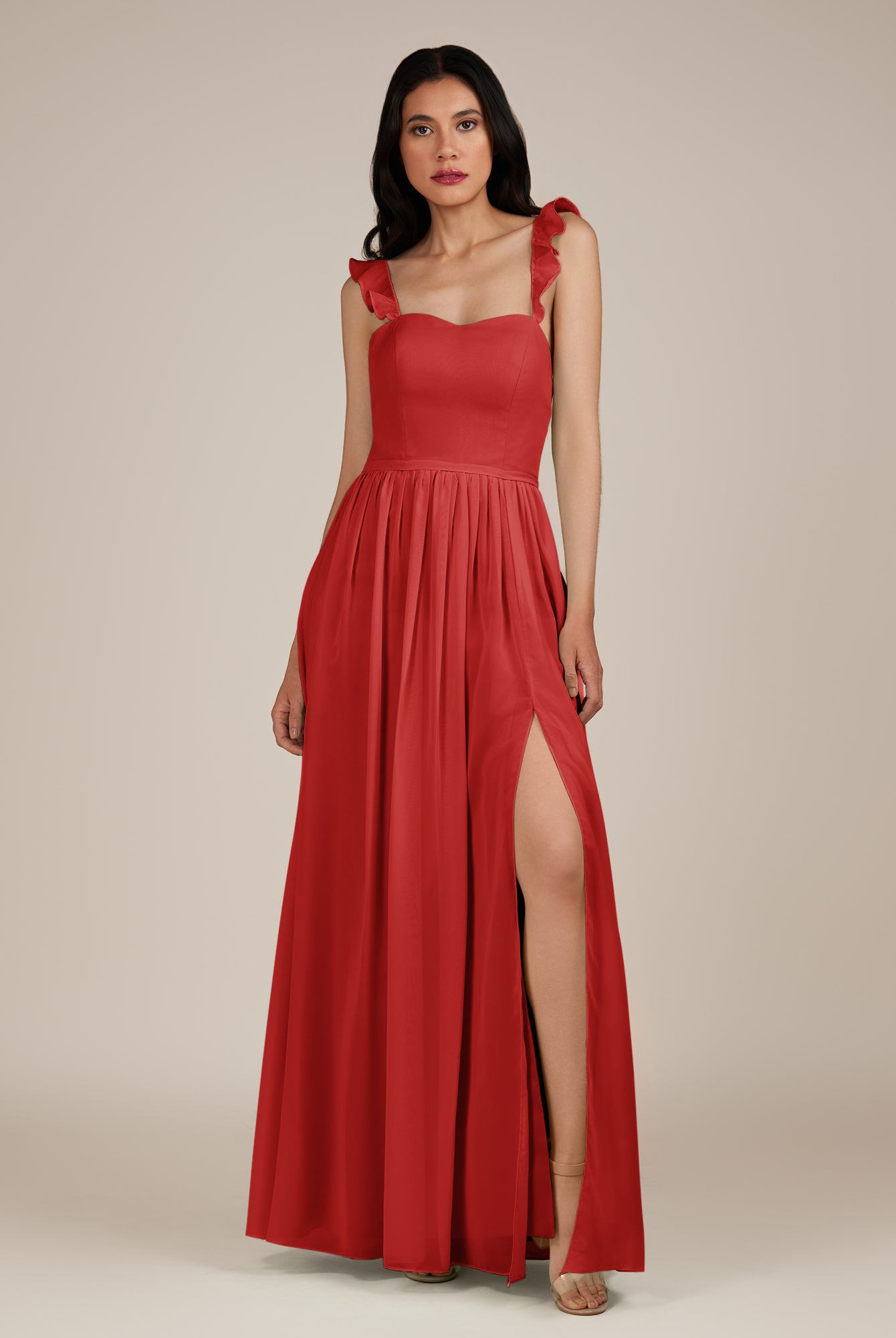 KissDress-Onyx Ruby Red A Line Sweetheart Chiffon Ruffled Long Bridesmaid Dress with Slit