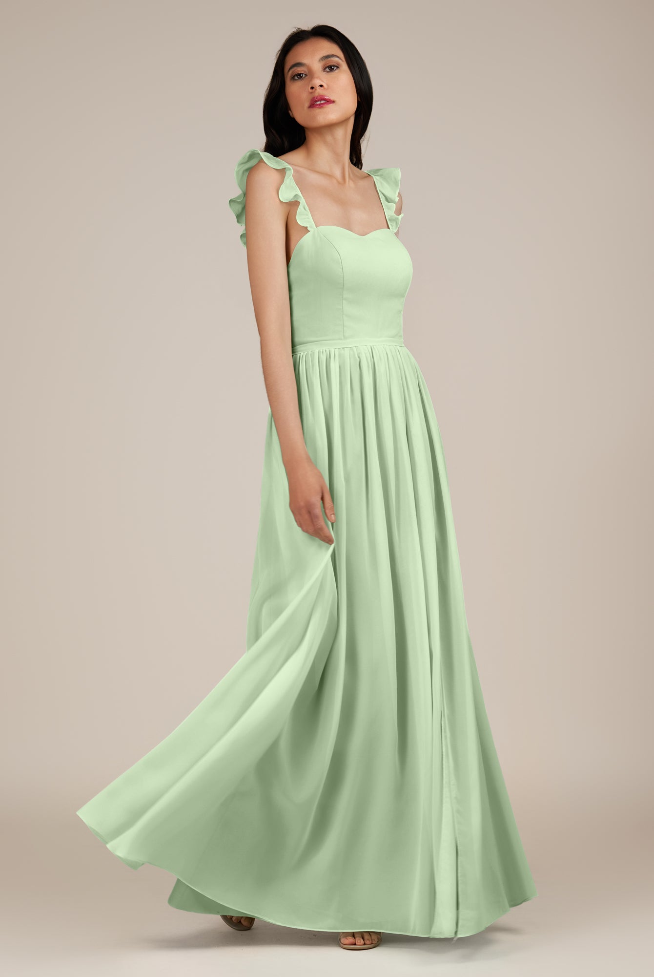 KissDress-Onyx Sage A Line Sweetheart Chiffon Ruffled Long Bridesmaid Dress with Slit