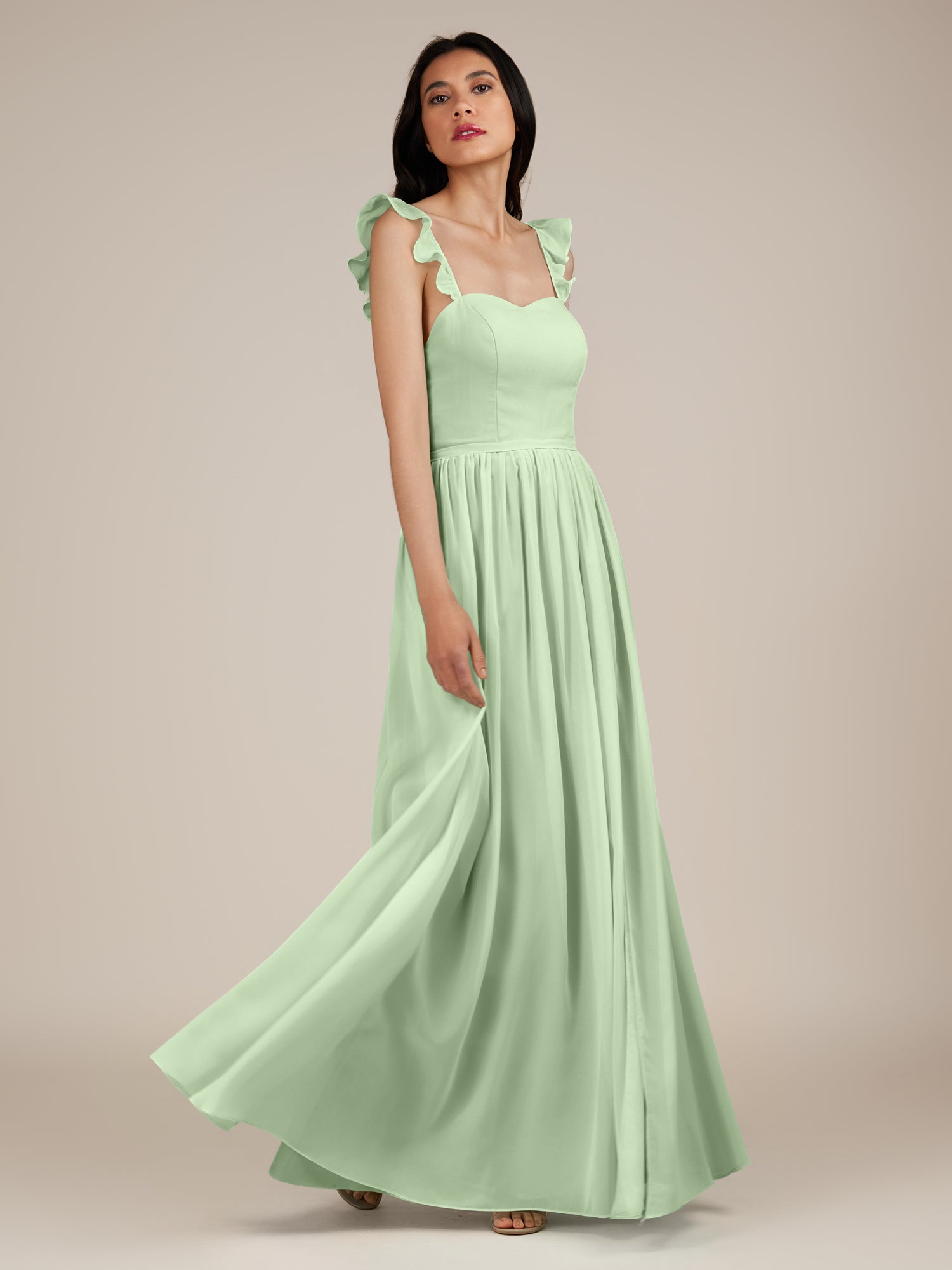 KissDress-Onyx Sage A Line Sweetheart Chiffon Ruffled Long Bridesmaid Dress with Slit
