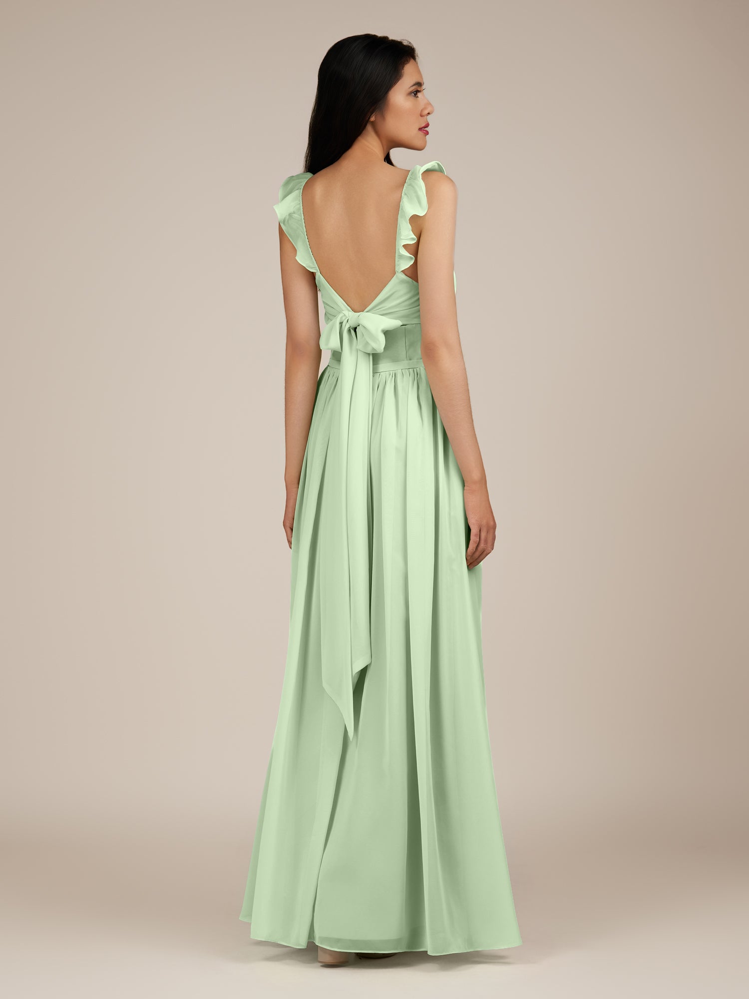 KissDress-Onyx Sage A Line Sweetheart Chiffon Ruffled Long Bridesmaid Dress with Slit