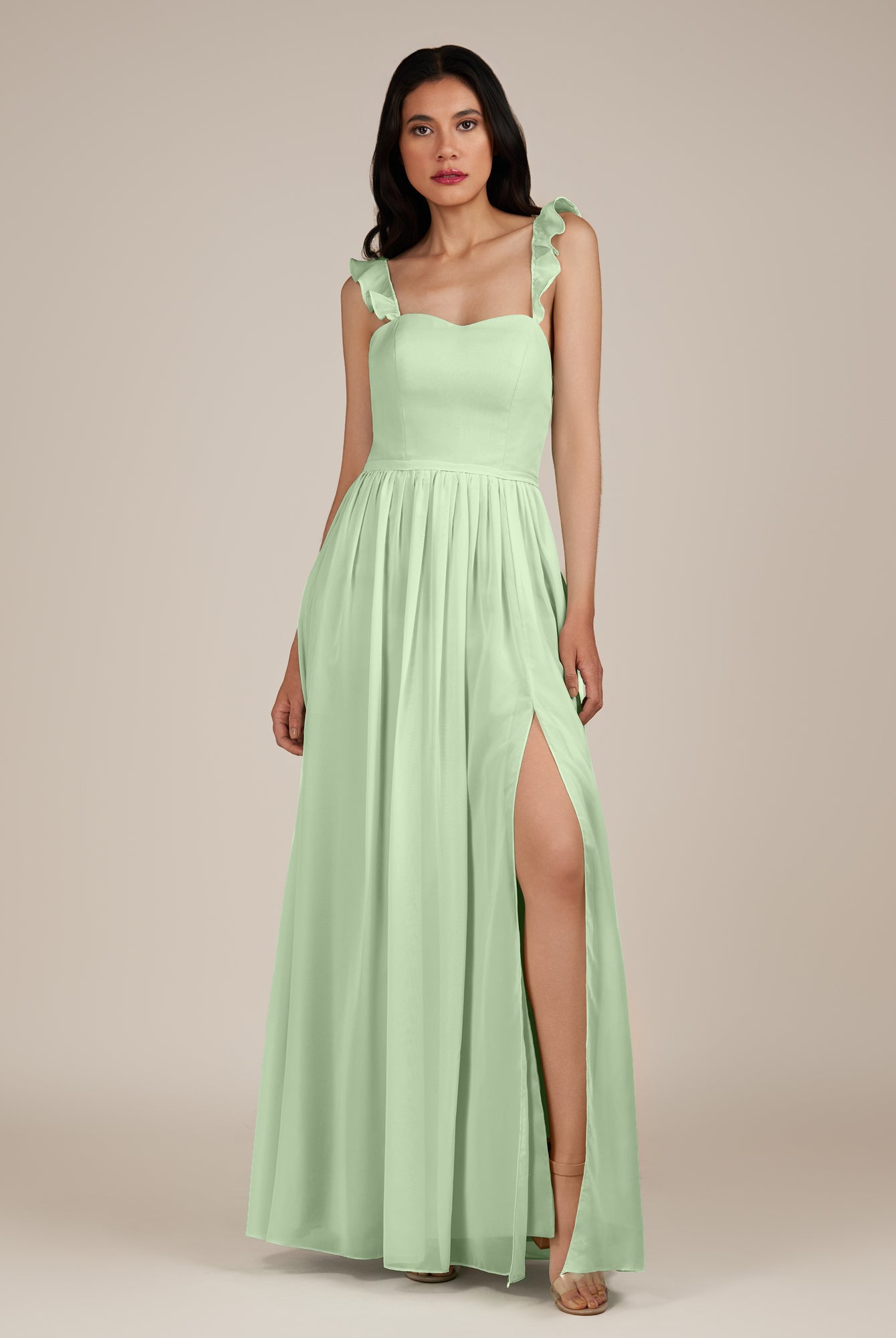 KissDress-Onyx Sage A Line Sweetheart Chiffon Ruffled Long Bridesmaid Dress with Slit