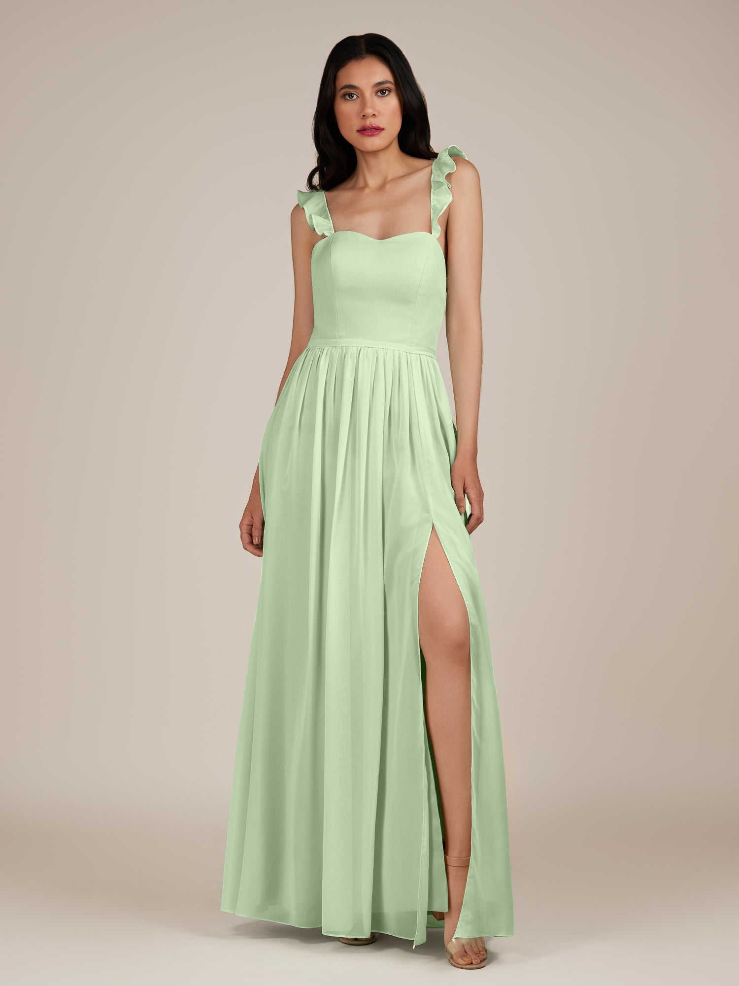 KissDress-Onyx Sage A Line Sweetheart Chiffon Ruffled Long Bridesmaid Dress with Slit